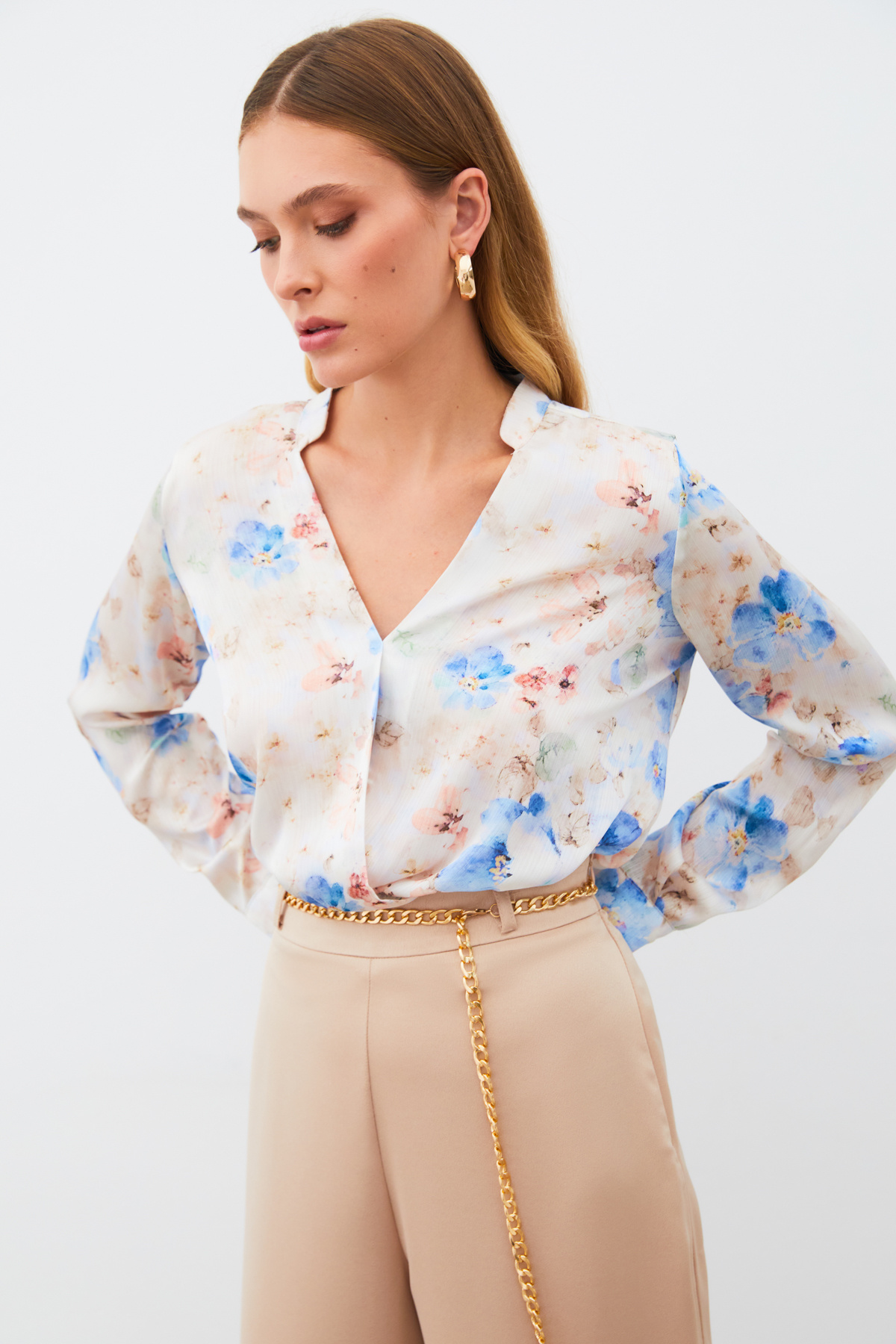 Desenli Kruvaze Bluz - MAVİ