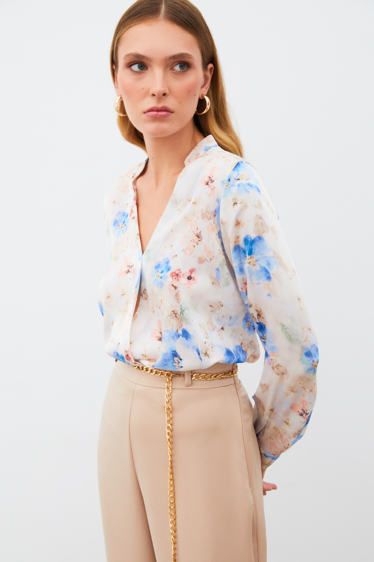 Desenli Kruvaze Bluz - MAVİ