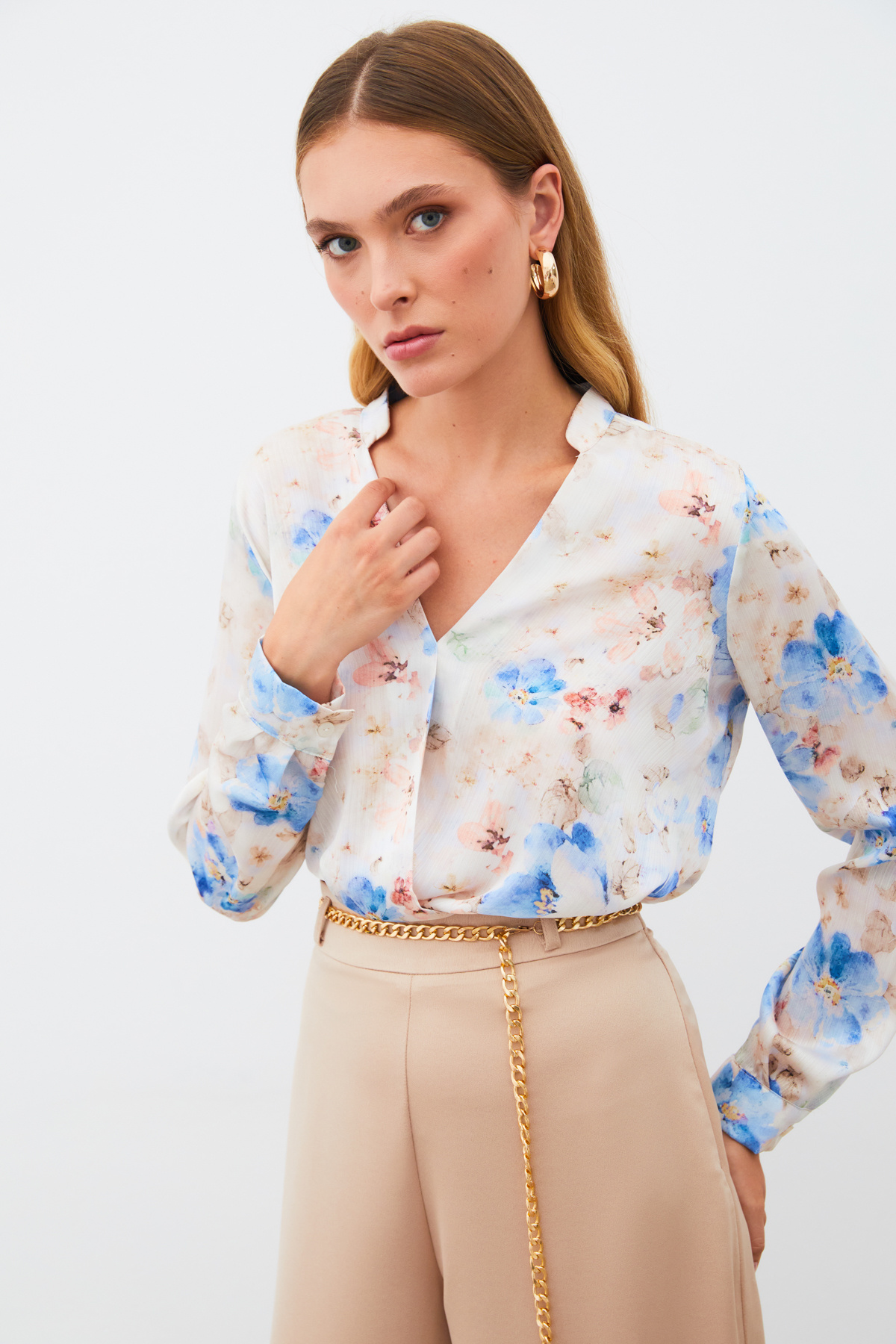 Desenli Kruvaze Bluz - MAVİ