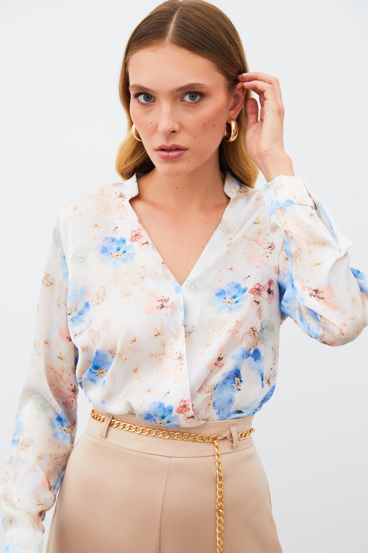 Desenli Kruvaze Bluz - MAVİ