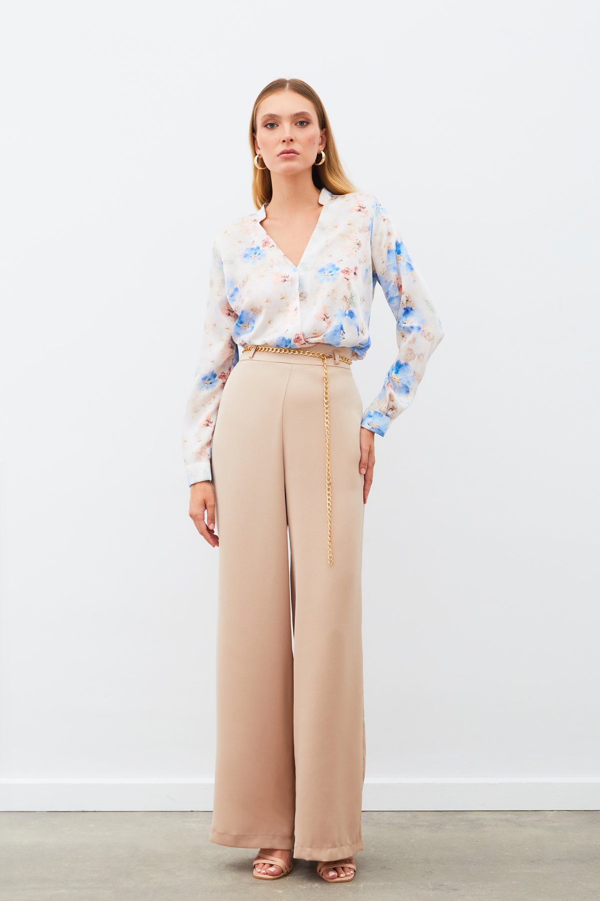 Desenli Kruvaze Bluz - MAVİ