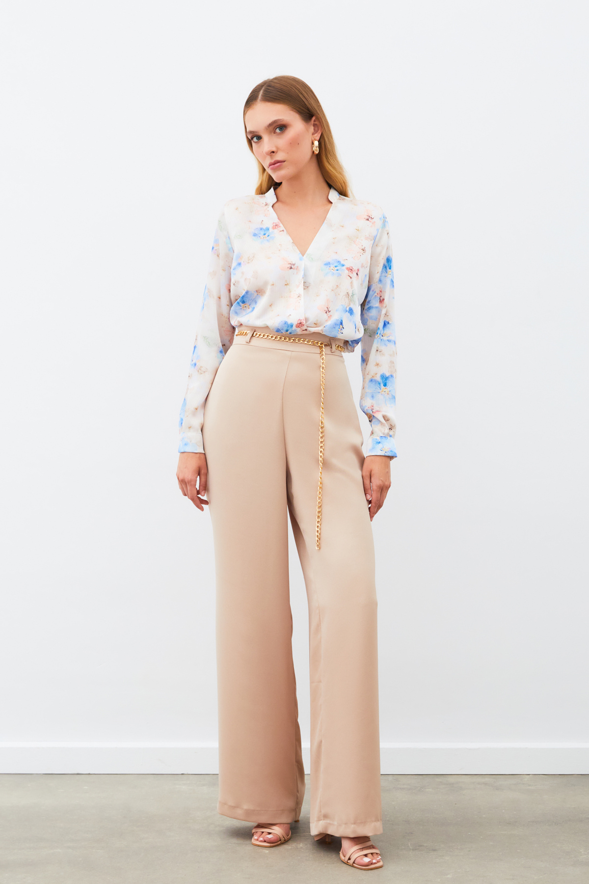 Desenli Kruvaze Bluz - MAVİ