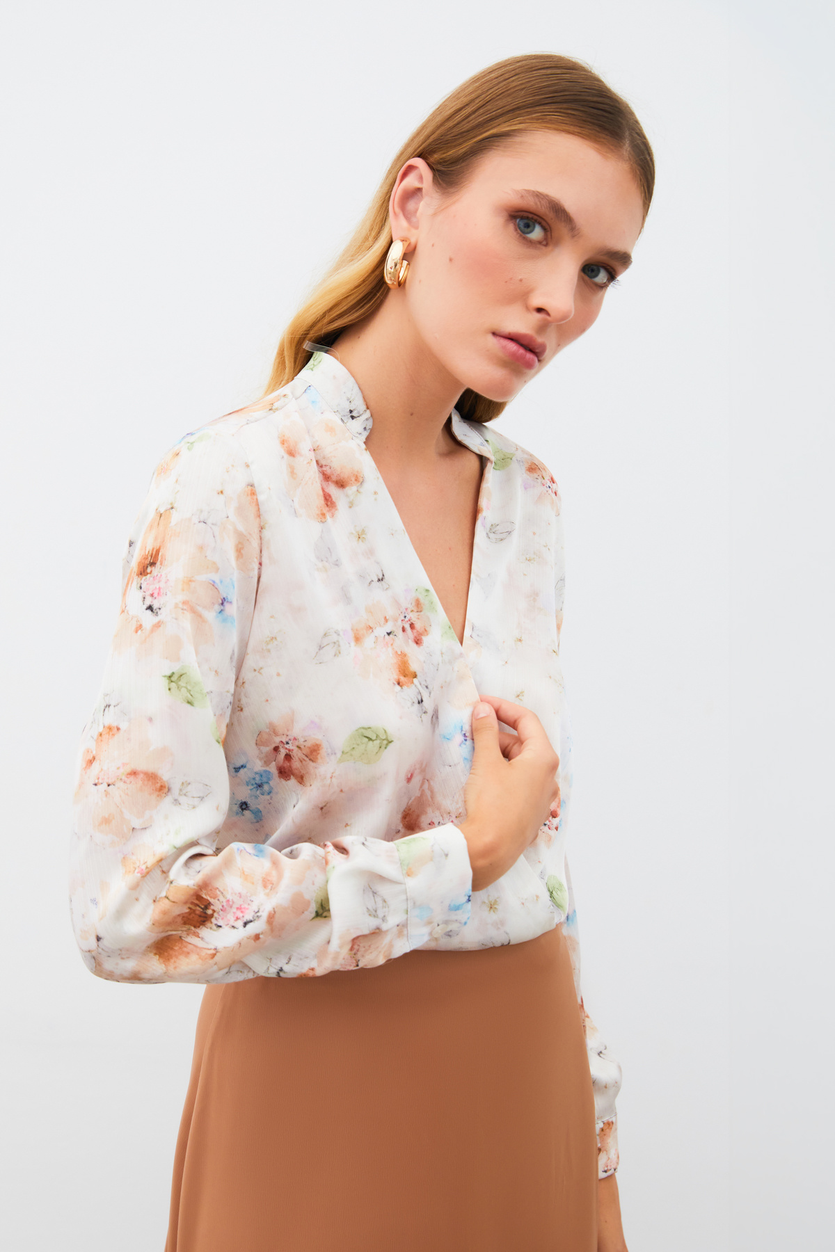 Desenli Kruvaze Bluz - VİZON