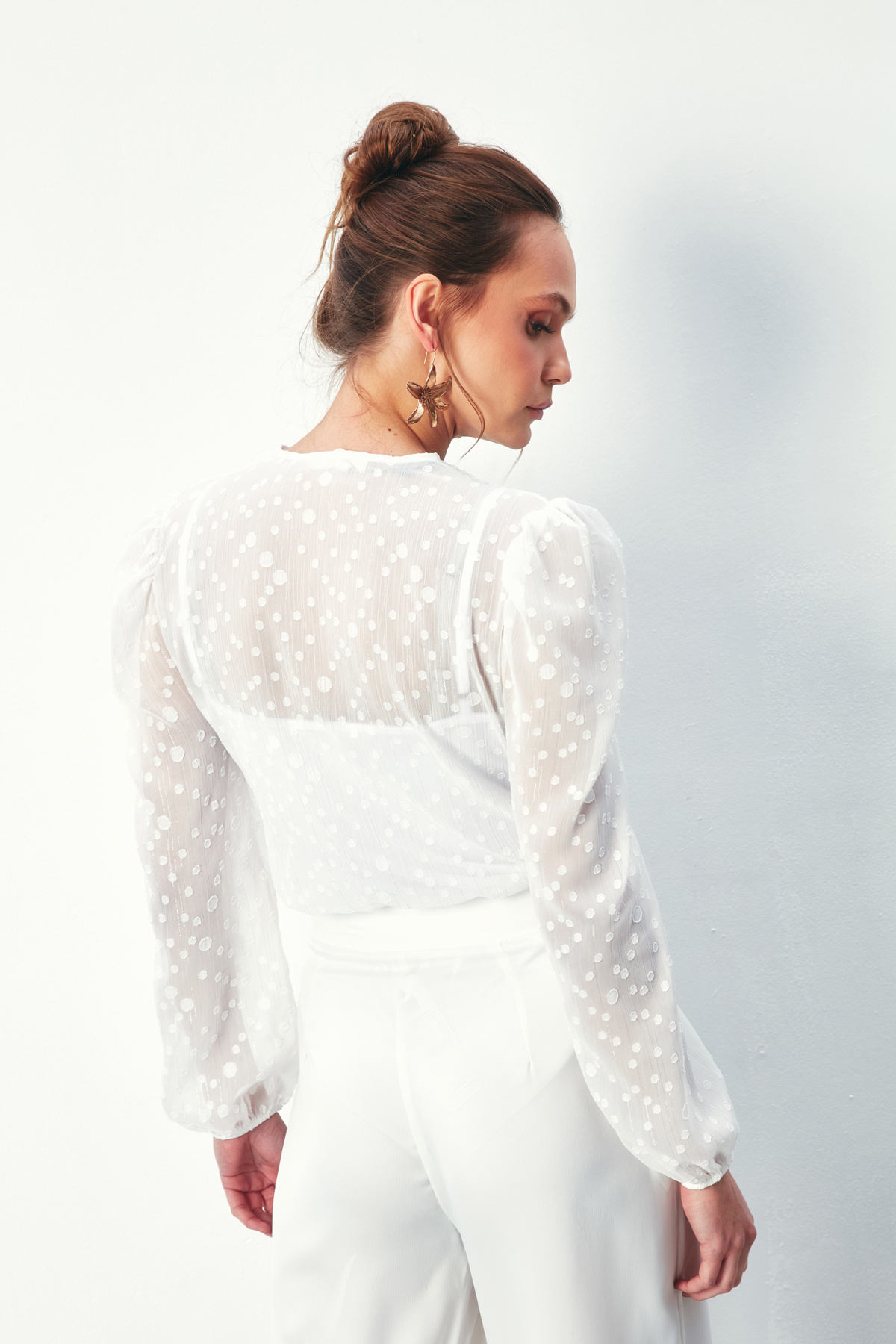 Desenli Kruvaze Bodysuit Bluz - EKRU