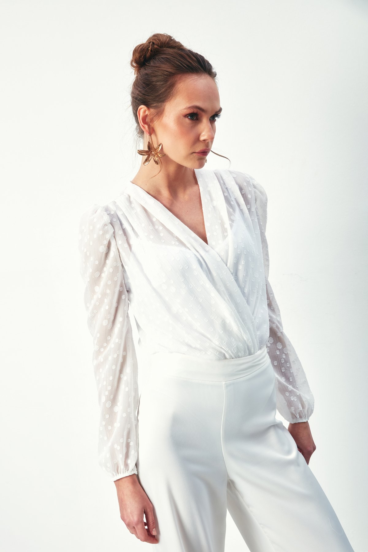 Desenli Kruvaze Bodysuit Bluz - EKRU