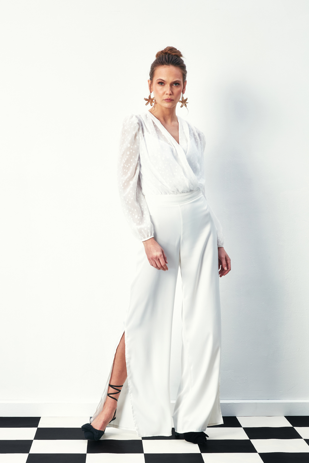 Desenli Kruvaze Bodysuit Bluz - EKRU