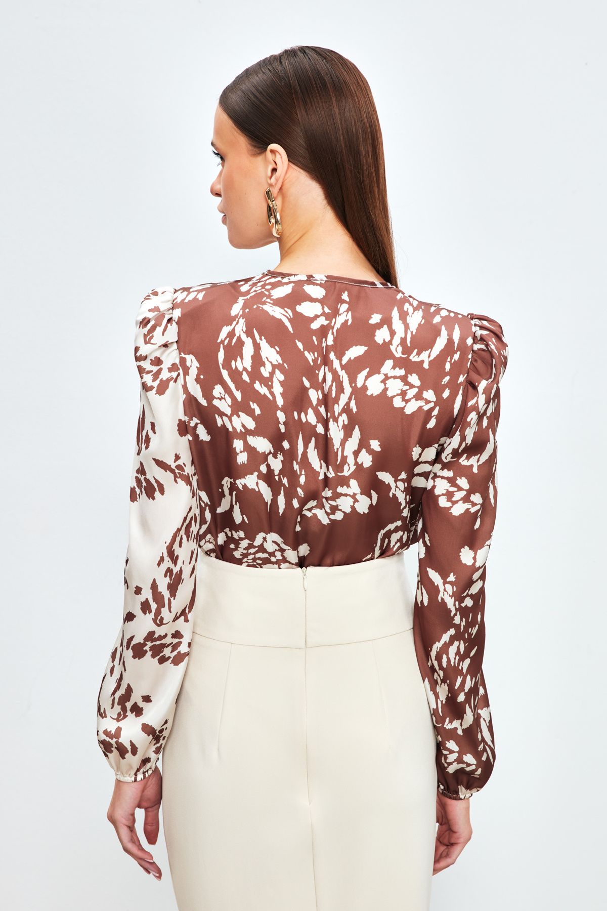 Desenli Kruvaze Bodysuit Bluz - KAHVE