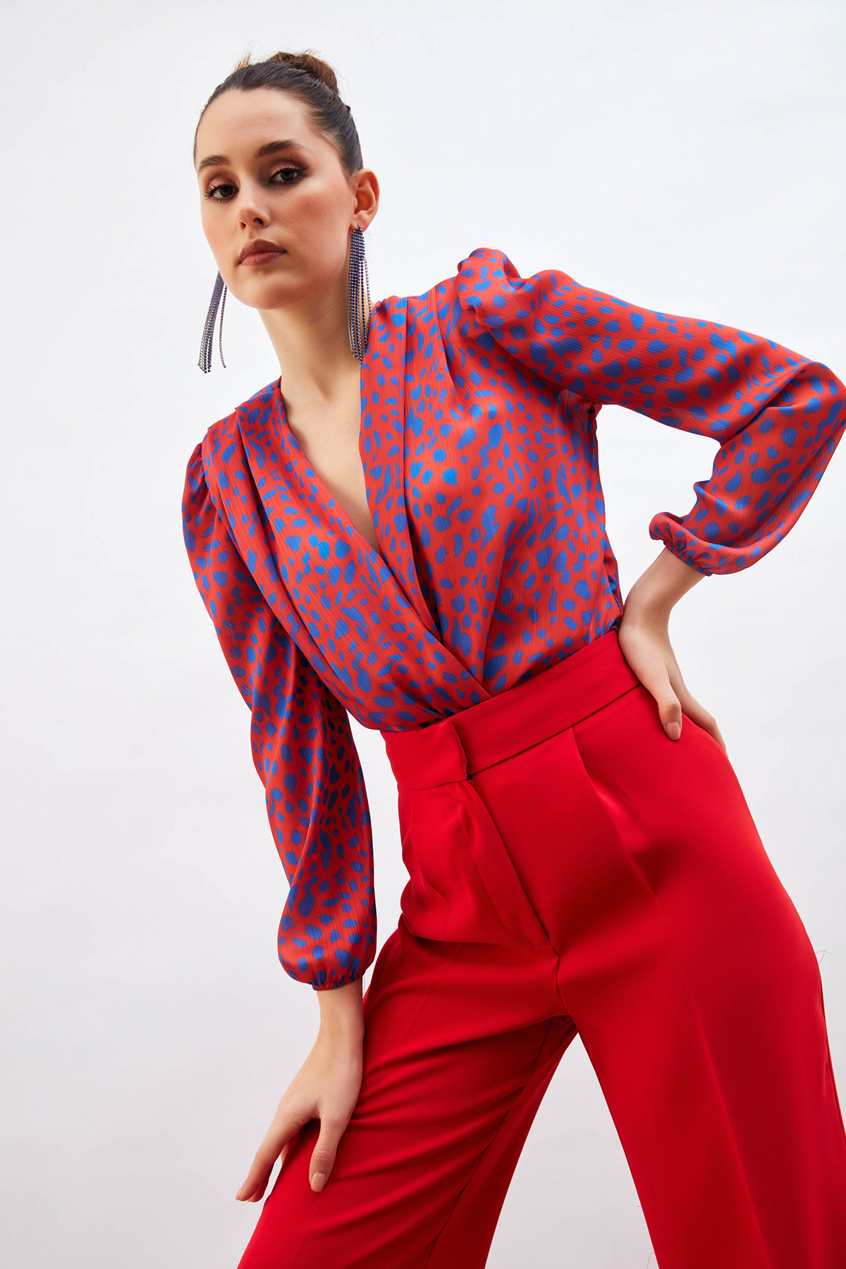 Patterned Double Breasted Bodysuit Blouse - RED