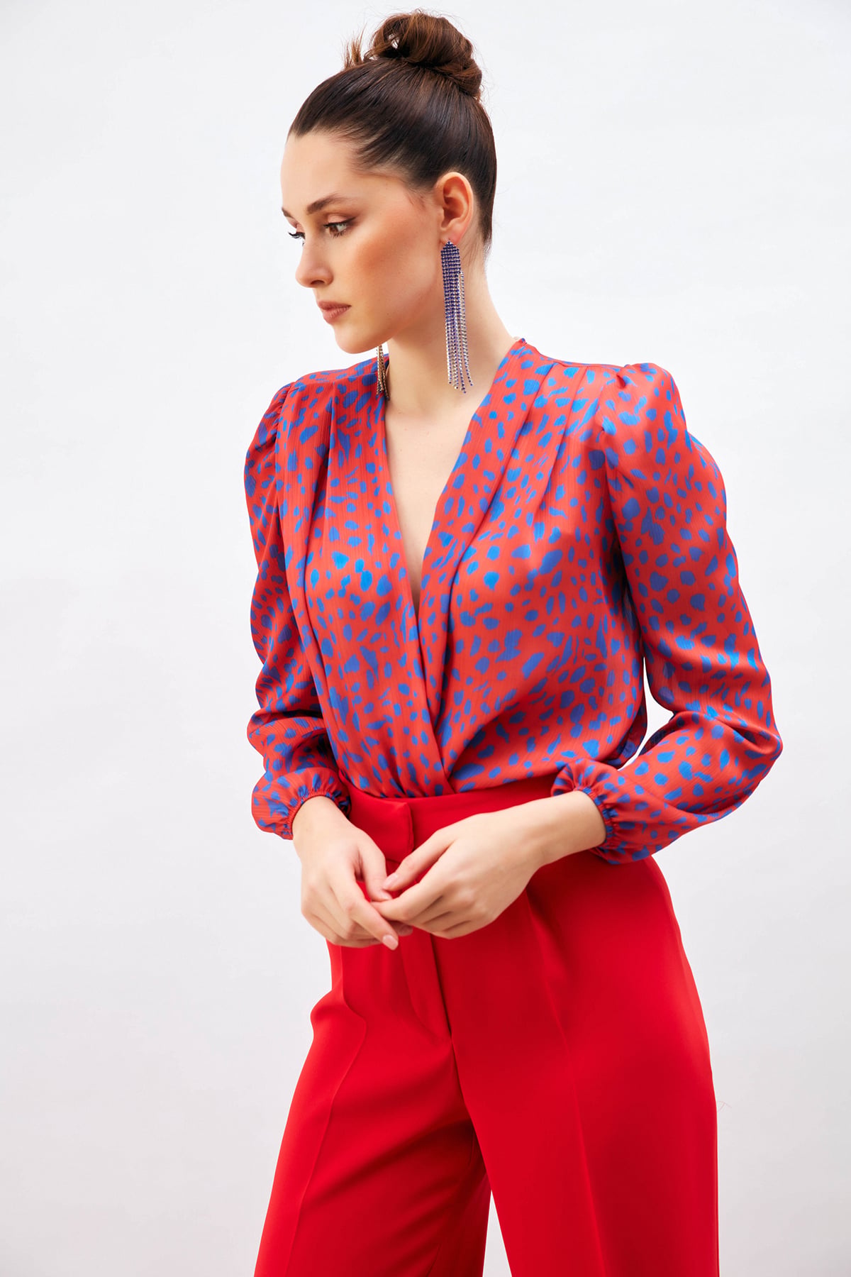Patterned Double Breasted Bodysuit Blouse - RED