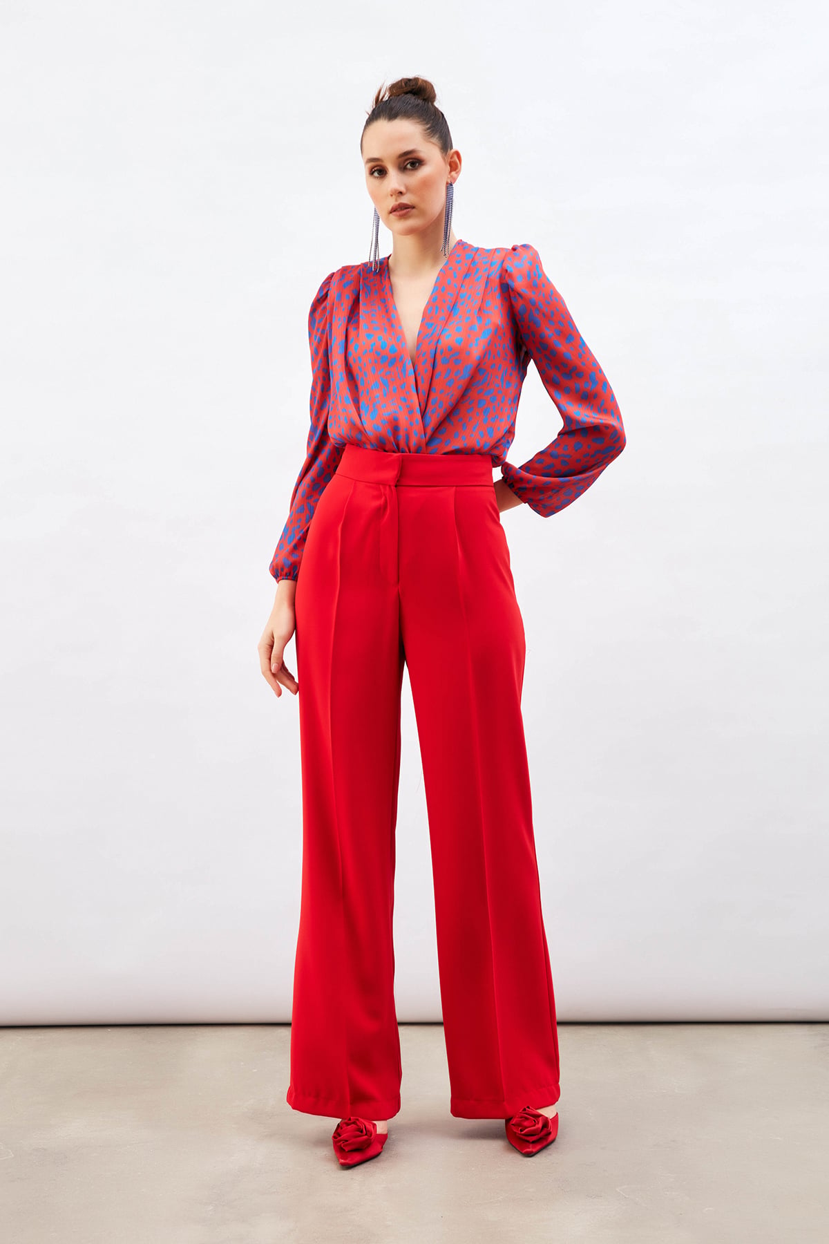 Patterned Double Breasted Bodysuit Blouse - RED