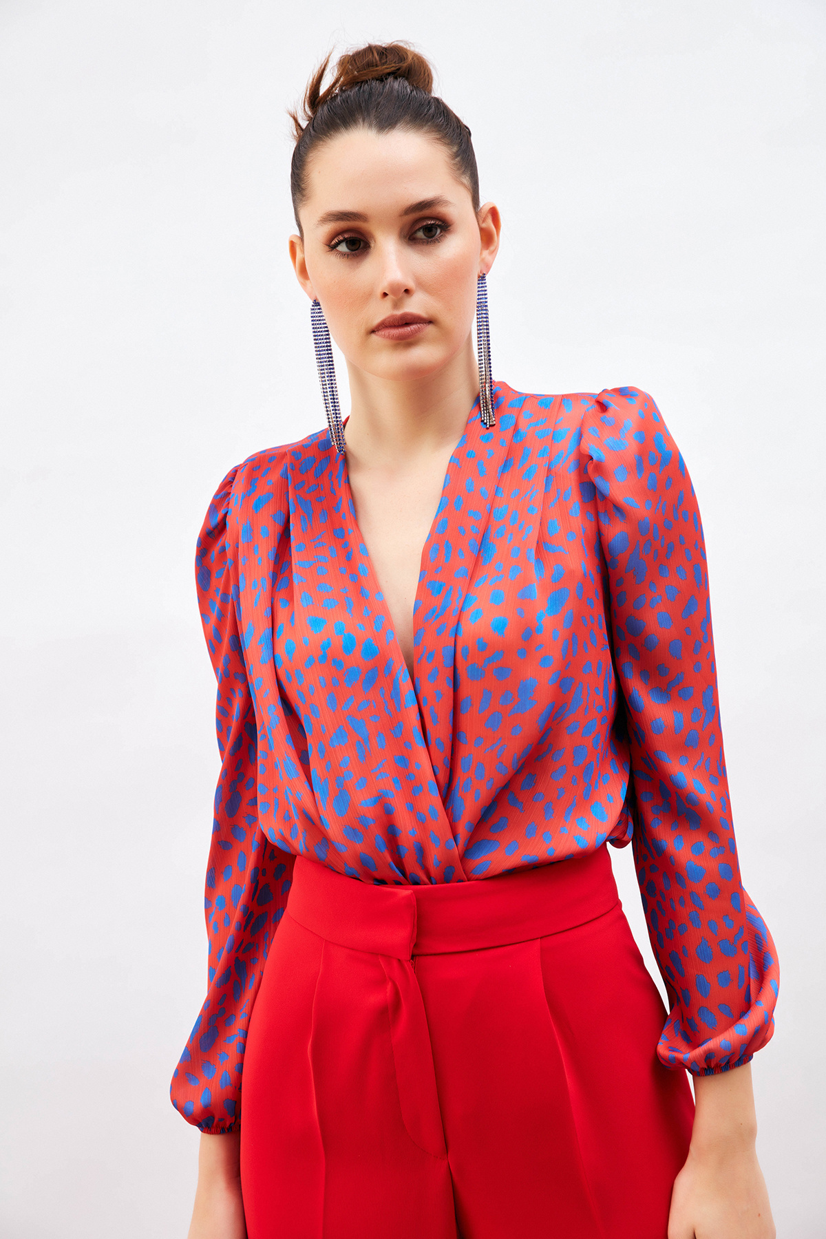 Patterned Double Breasted Bodysuit Blouse - RED
