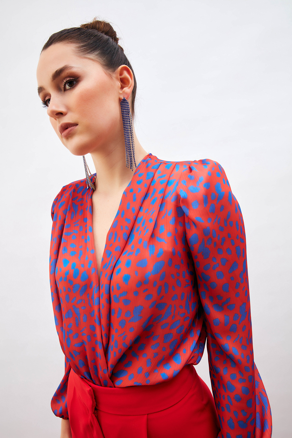 Patterned Double Breasted Bodysuit Blouse - RED