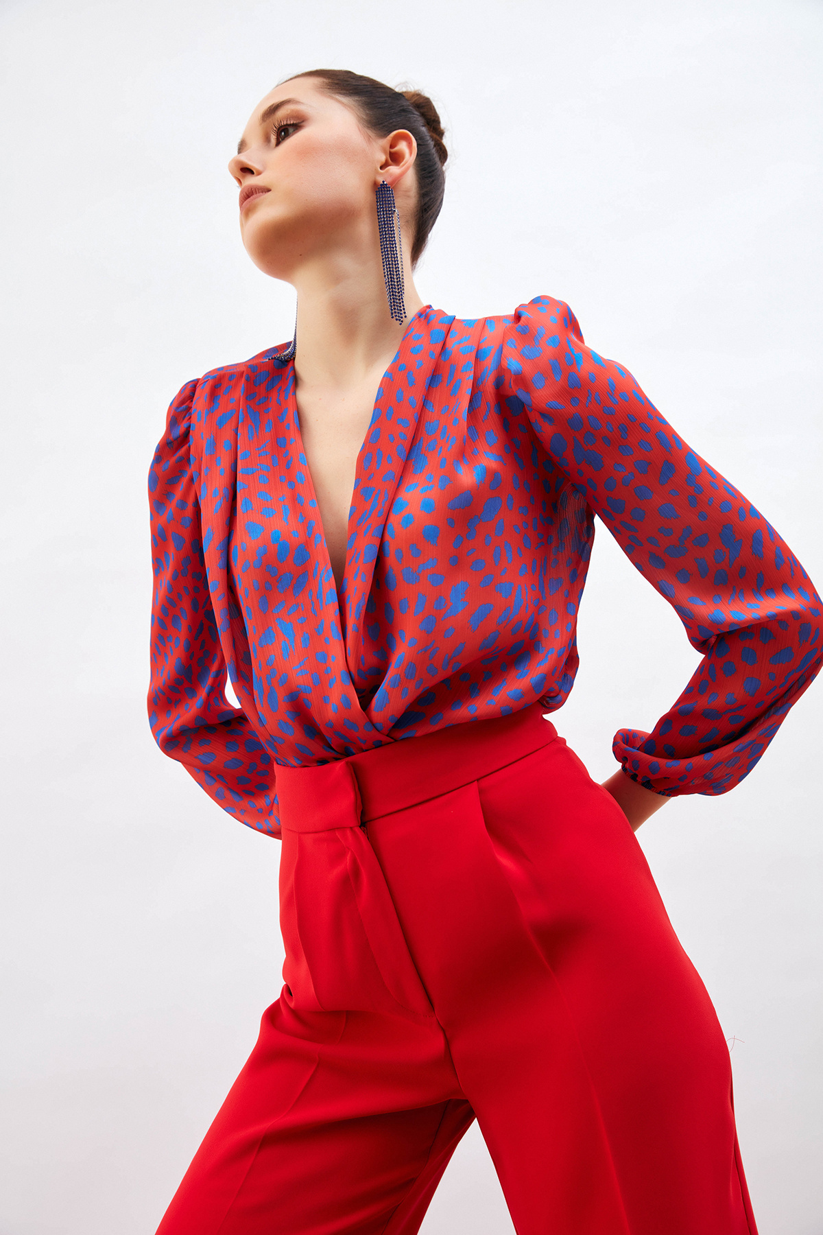 Patterned Double Breasted Bodysuit Blouse - RED