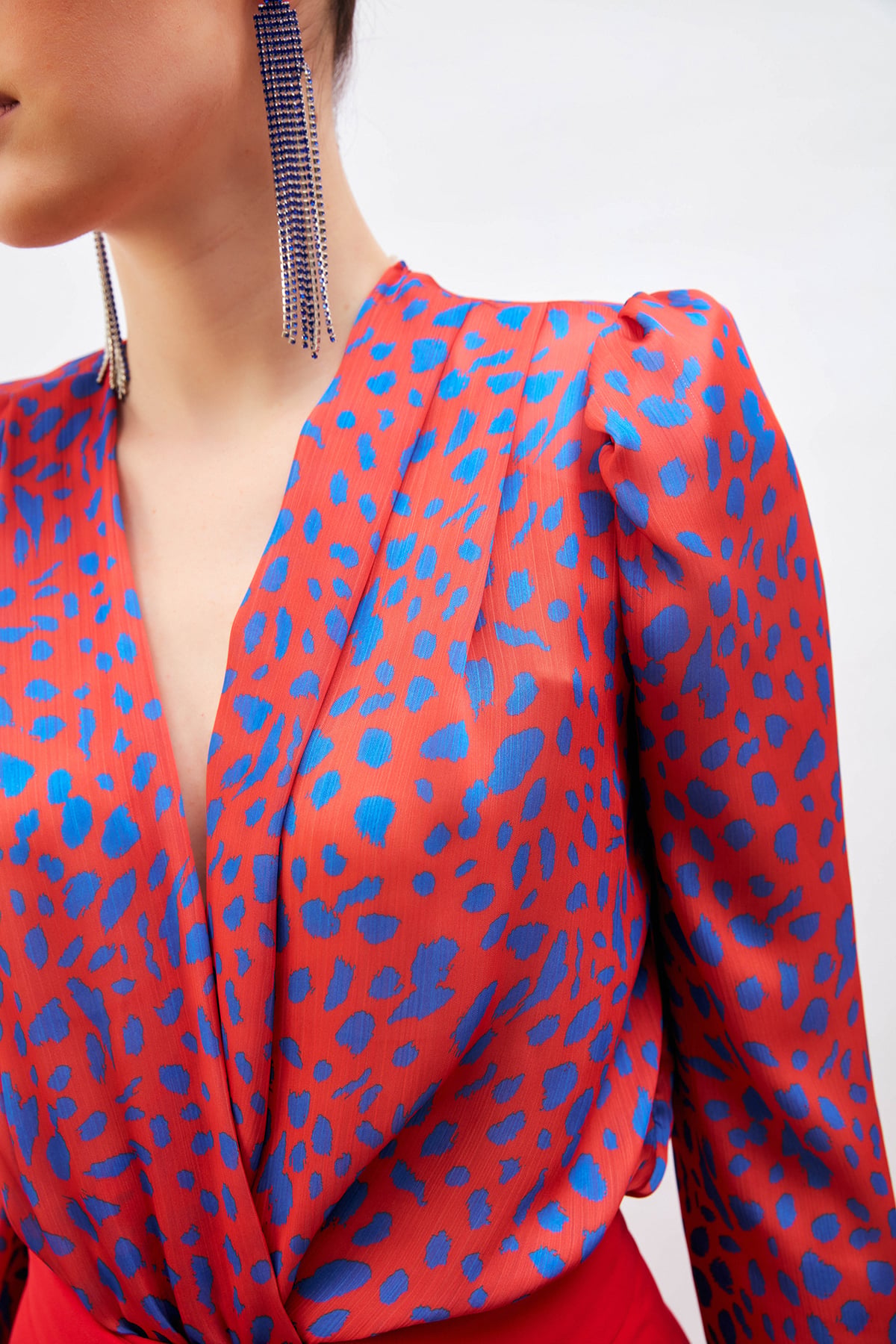 Patterned Double Breasted Bodysuit Blouse - RED