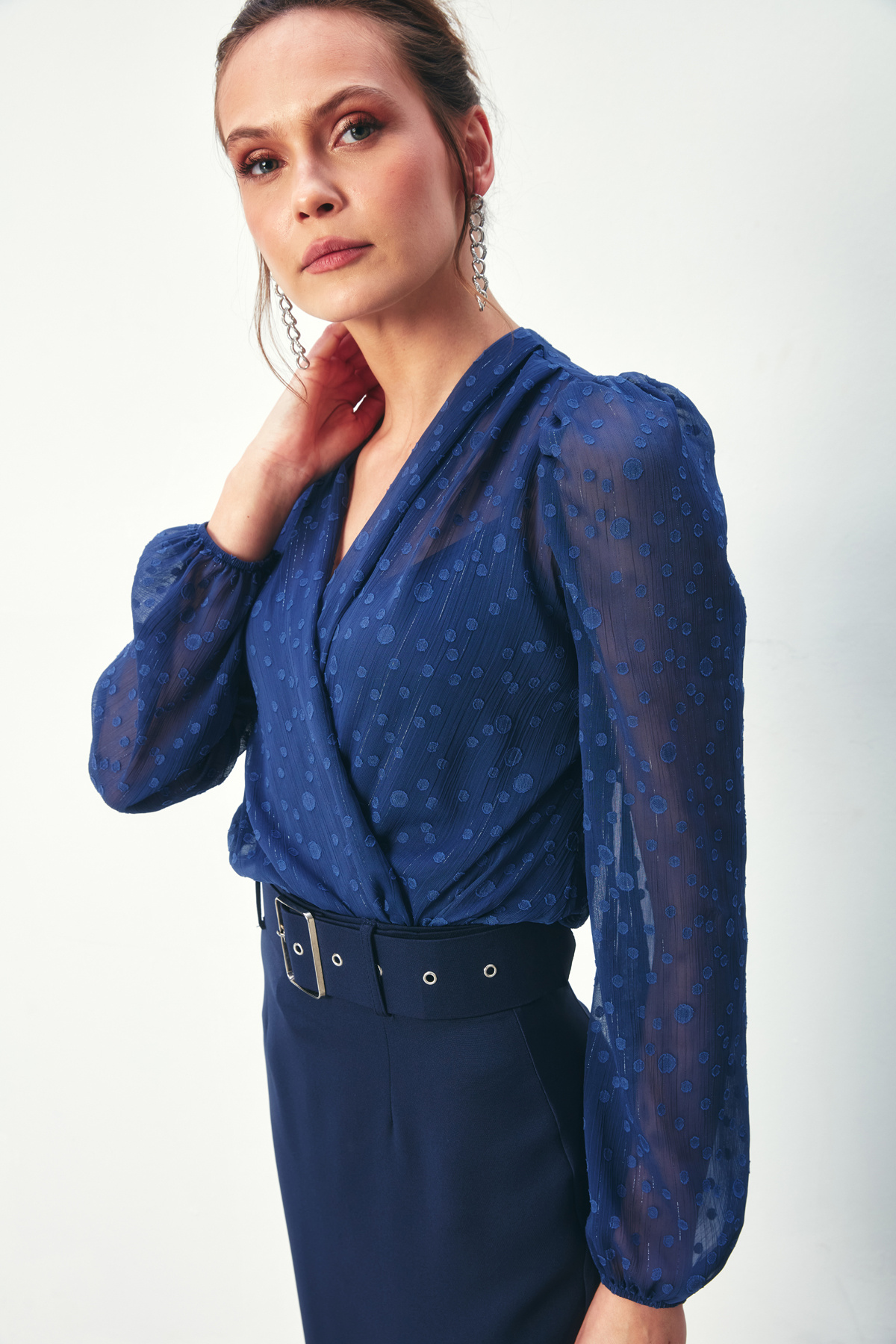 Desenli Kruvaze Bodysuit Bluz - LACİVERT