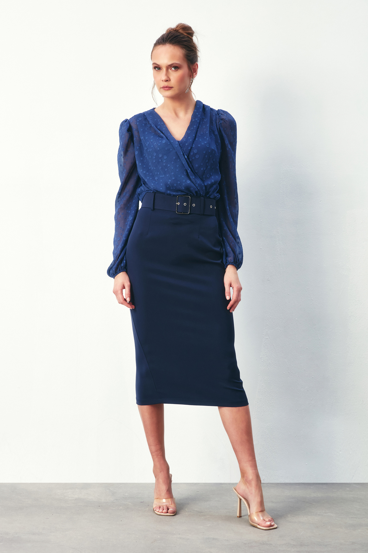 Desenli Kruvaze Bodysuit Bluz - LACİVERT