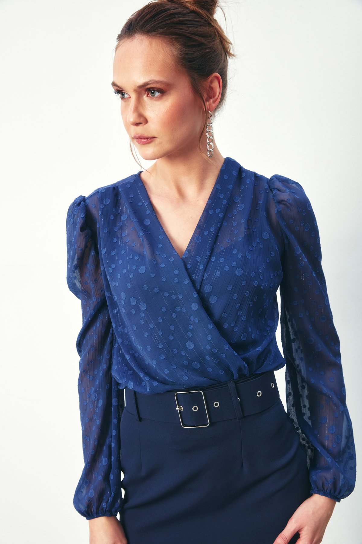 Desenli Kruvaze Bodysuit Bluz - LACİVERT