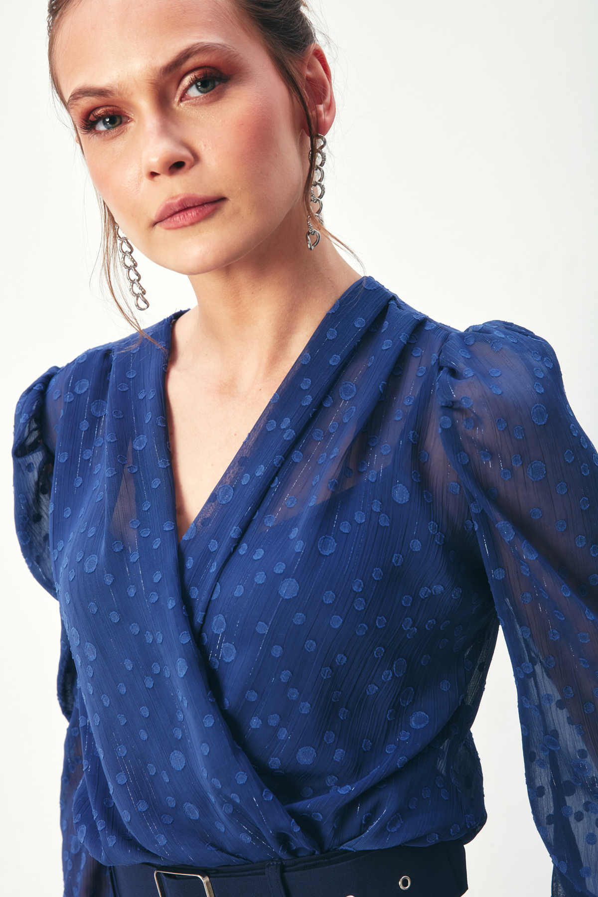 Desenli Kruvaze Bodysuit Bluz - LACİVERT