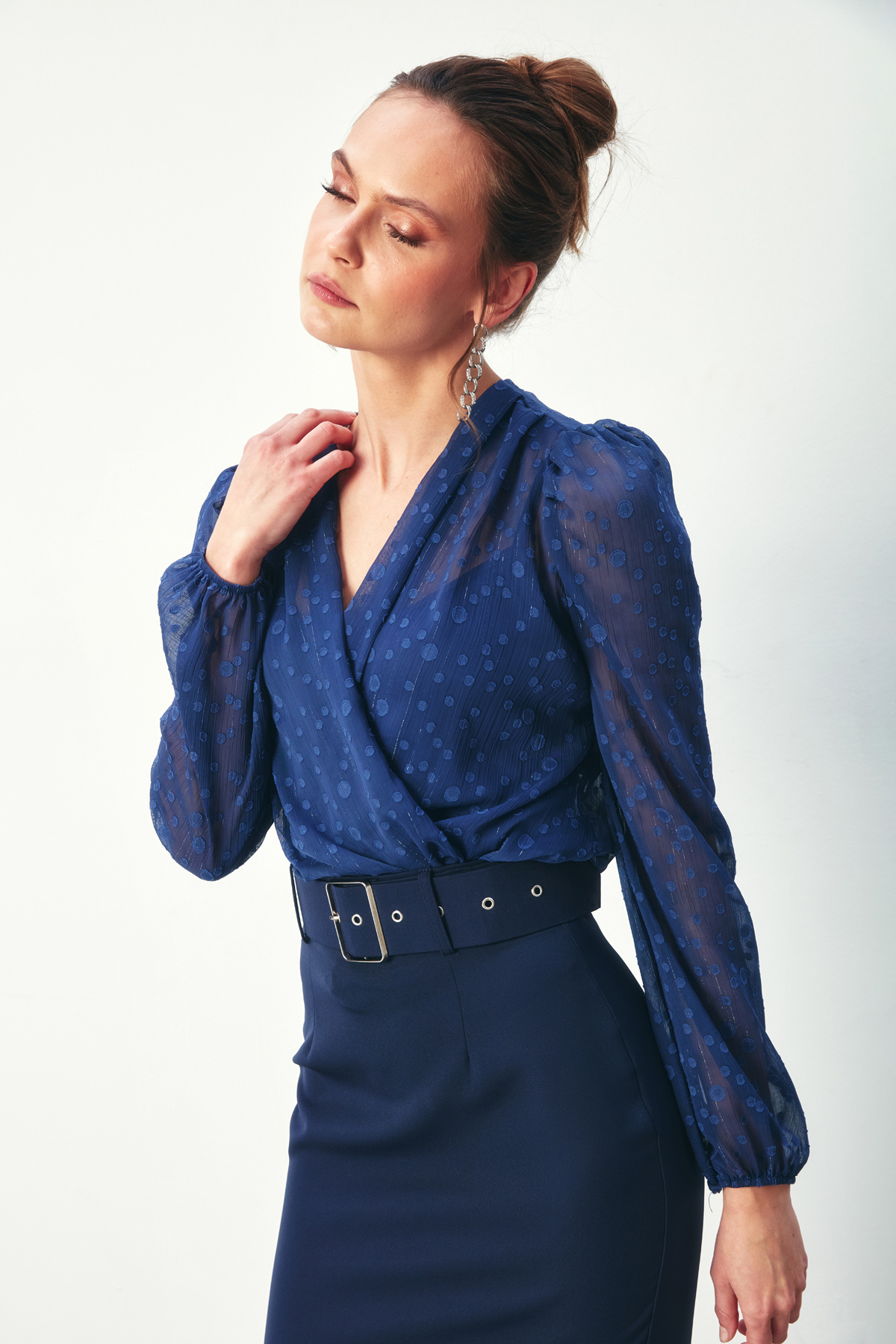 Desenli Kruvaze Bodysuit Bluz - LACİVERT