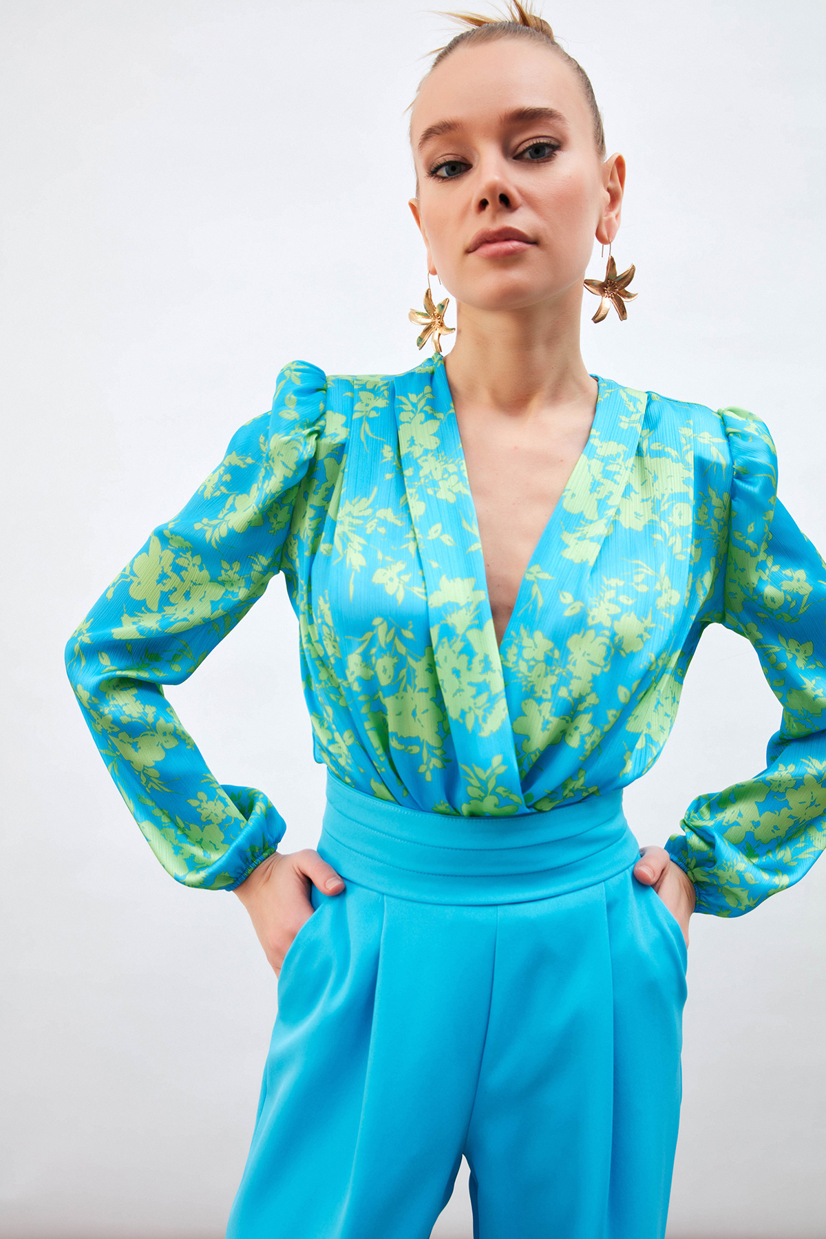 Patterned Double Breasted Bodysuit Blouse - BLUES