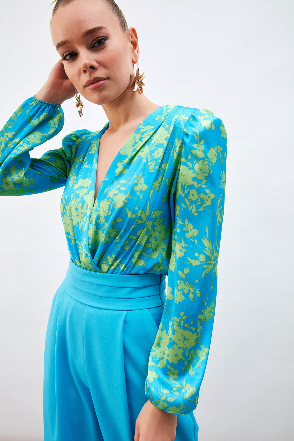 Patterned Double Breasted Bodysuit Blouse - BLUES