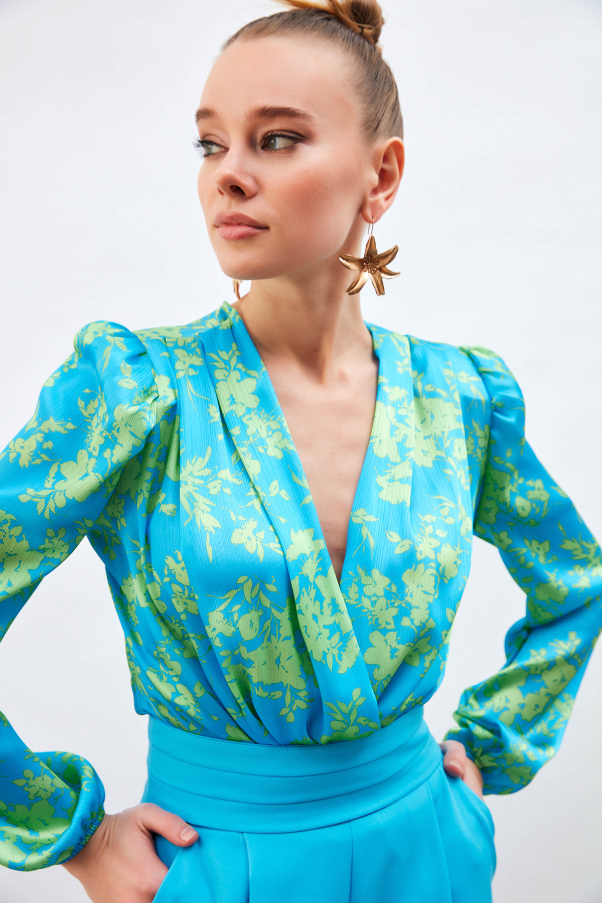 Patterned Double Breasted Bodysuit Blouse - BLUES