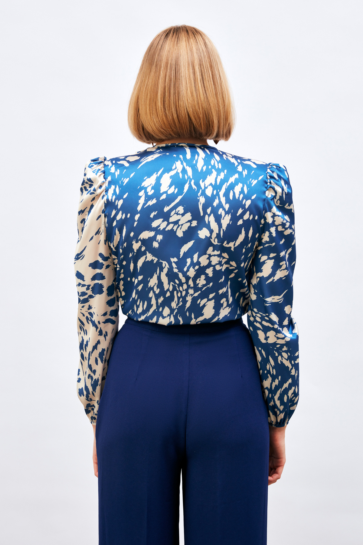 Desenli Kruvaze Bodysuit Bluz - MAVİ