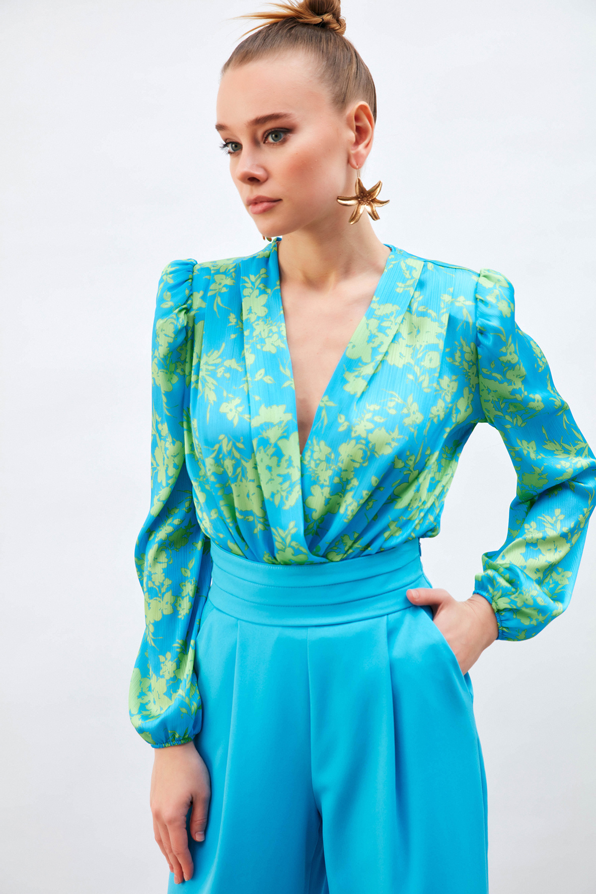 Patterned Double Breasted Bodysuit Blouse - BLUES
