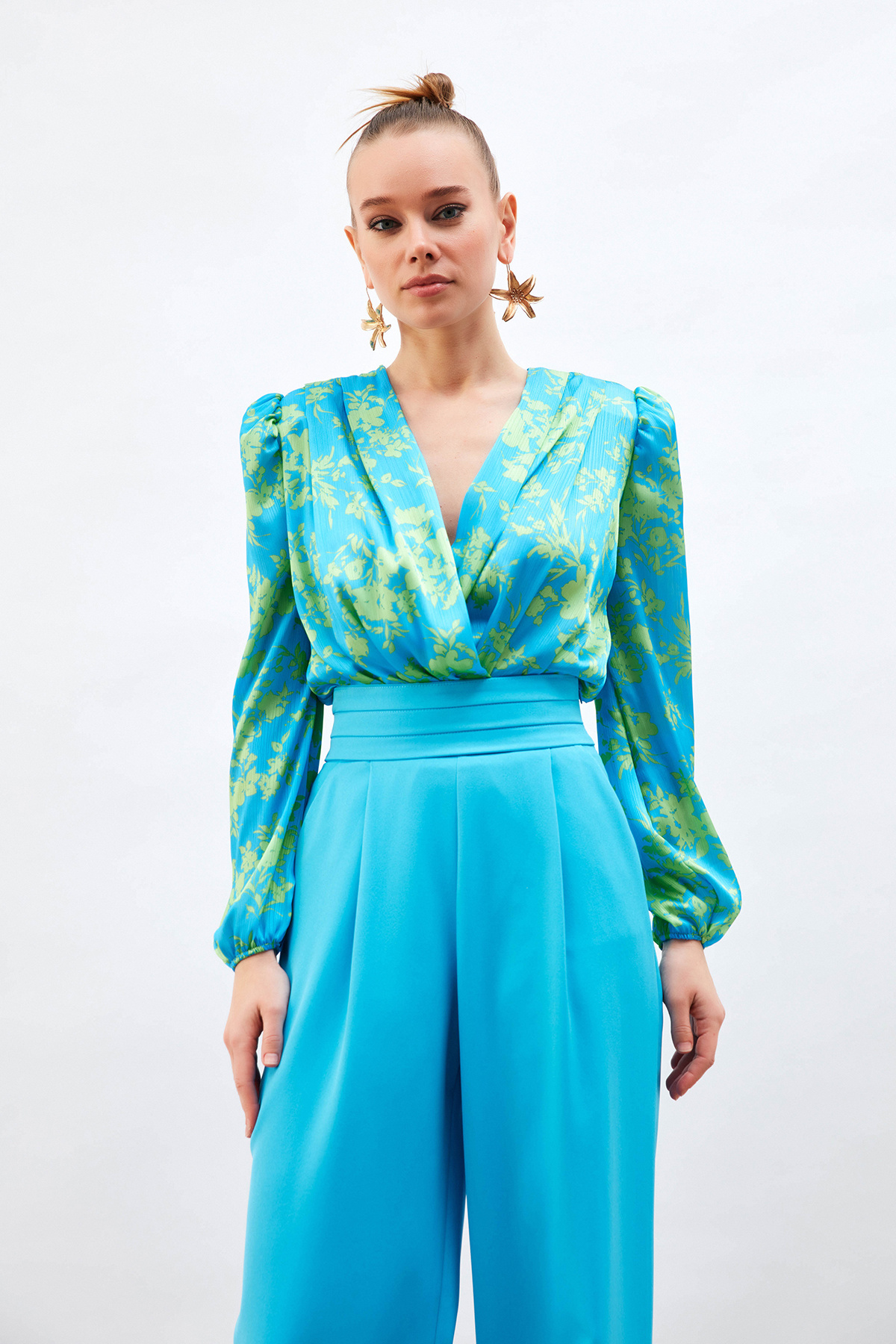 Patterned Double Breasted Bodysuit Blouse - BLUES