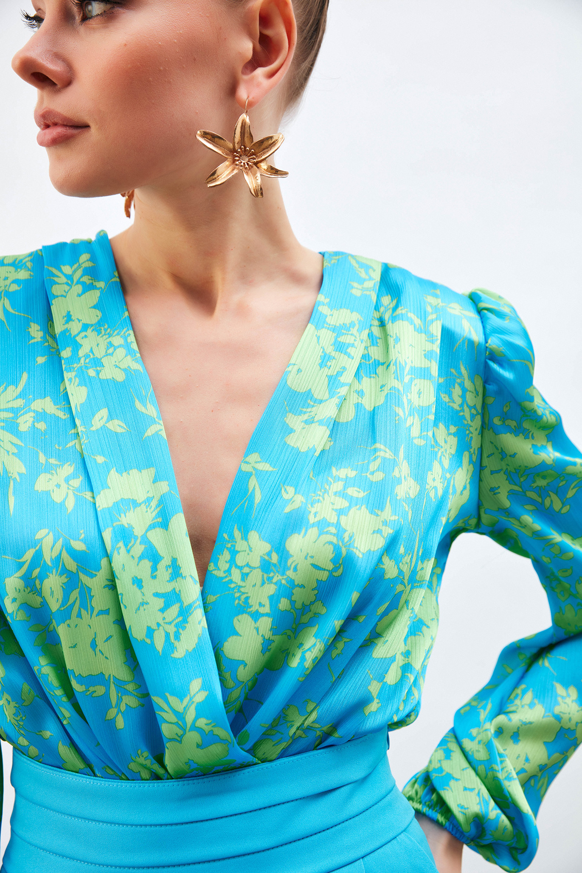Patterned Double Breasted Bodysuit Blouse - BLUES