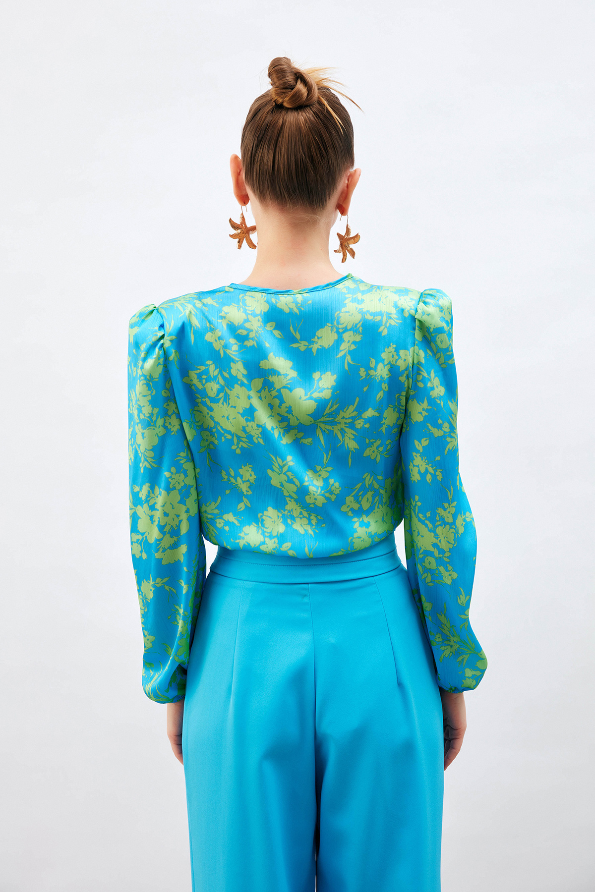 Patterned Double Breasted Bodysuit Blouse - BLUES