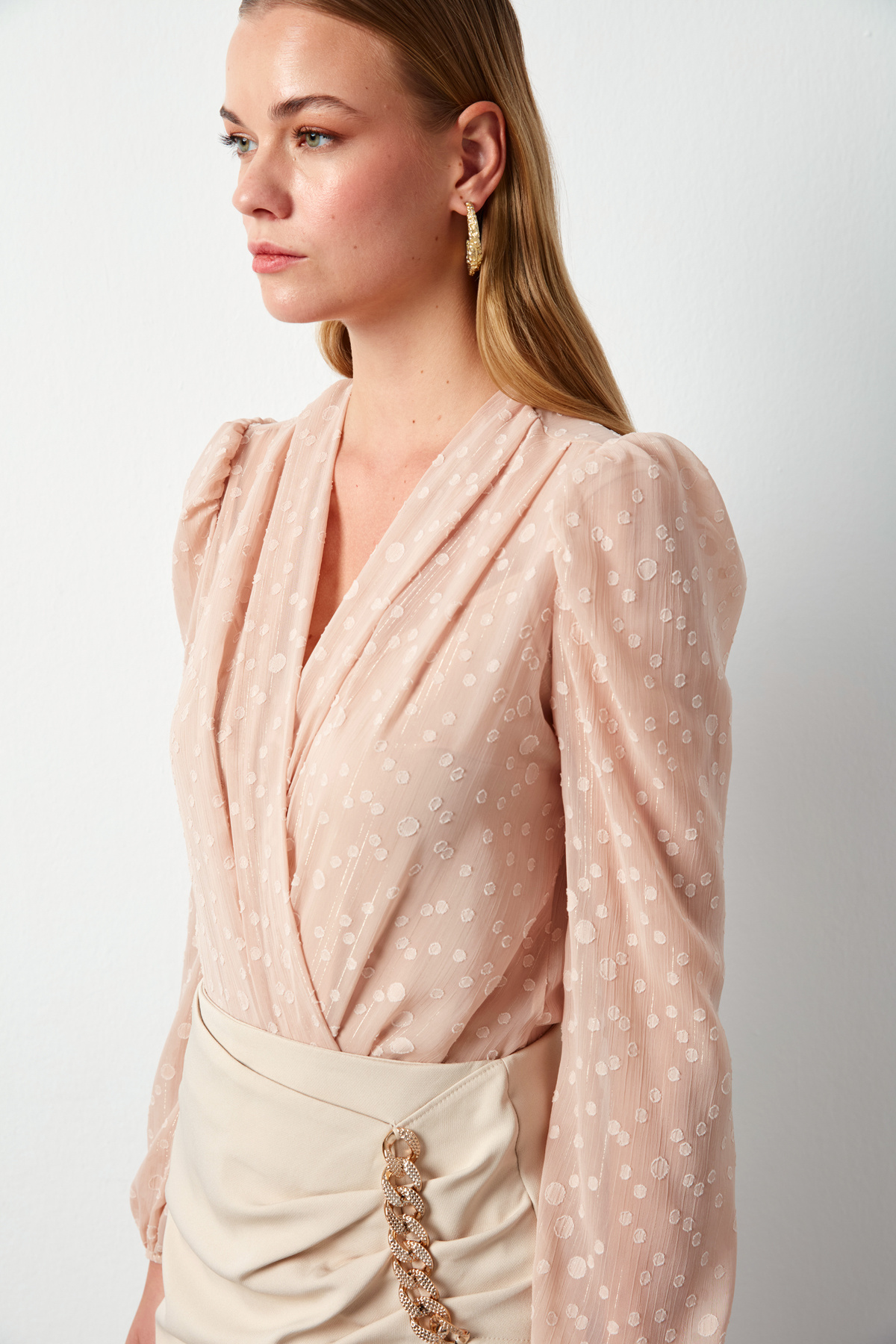 Desenli Kruvaze Bodysuit Bluz - PUDRA