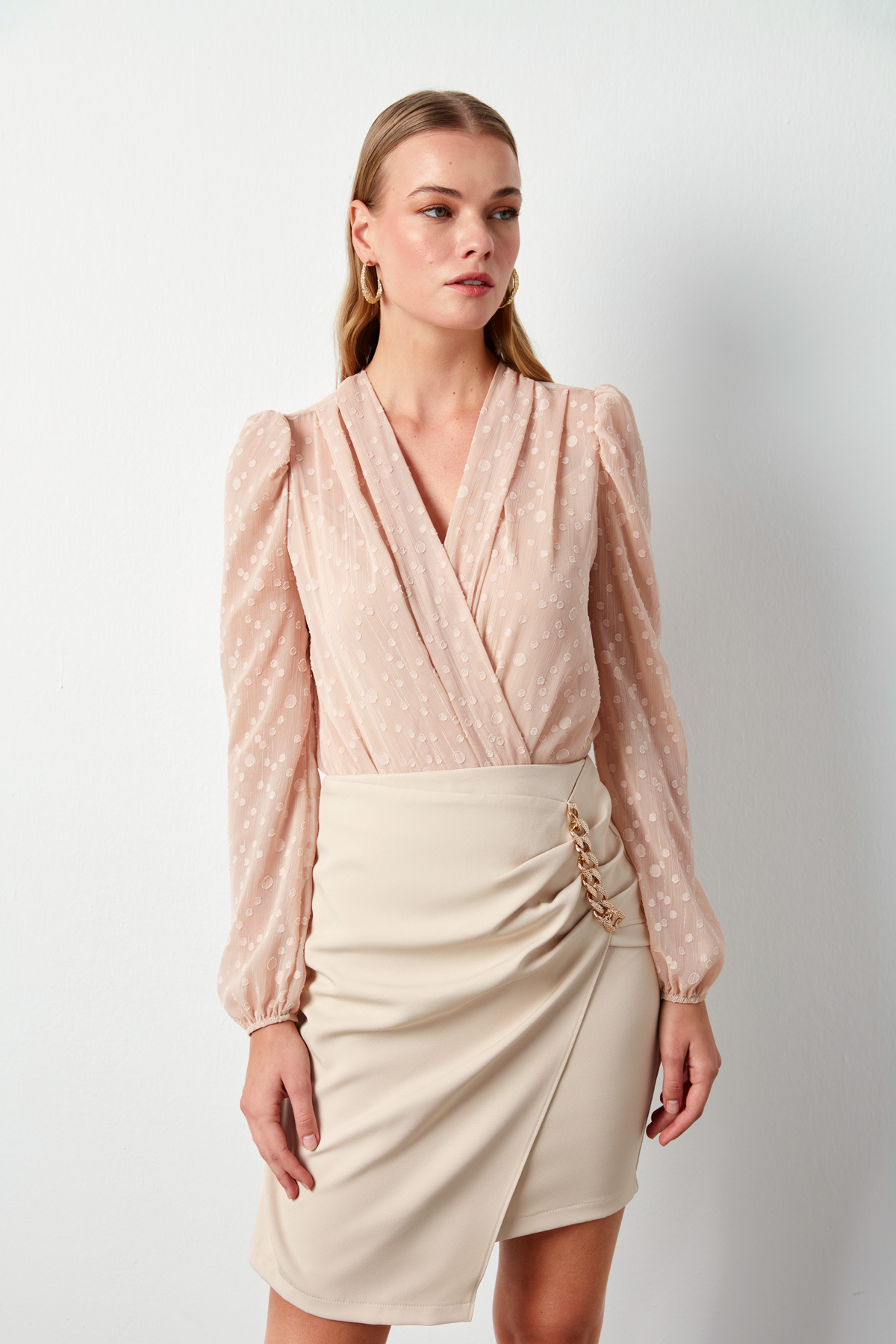 Desenli Kruvaze Bodysuit Bluz - PUDRA