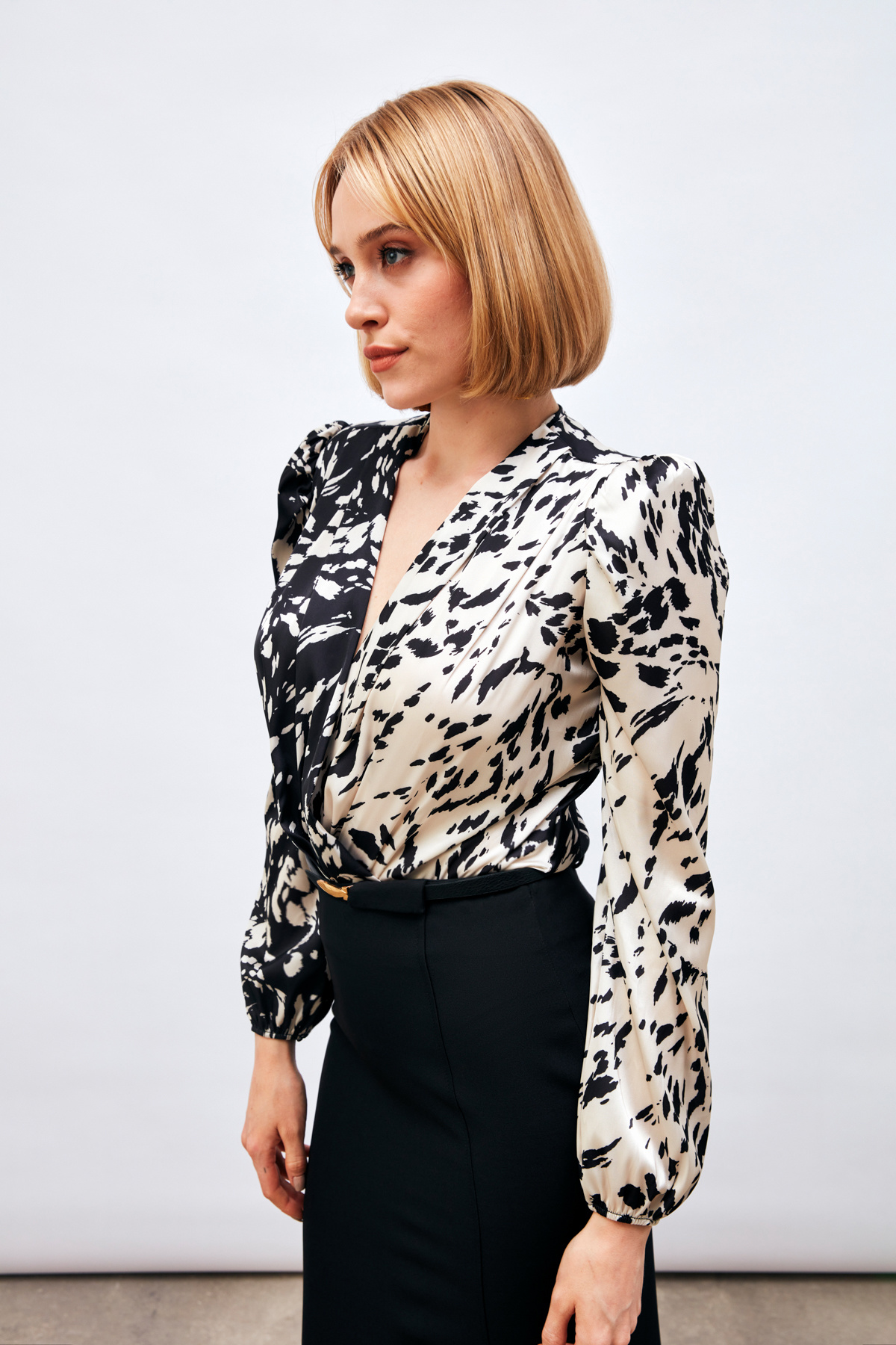 Desenli Kruvaze Bodysuit Bluz - SİYAH