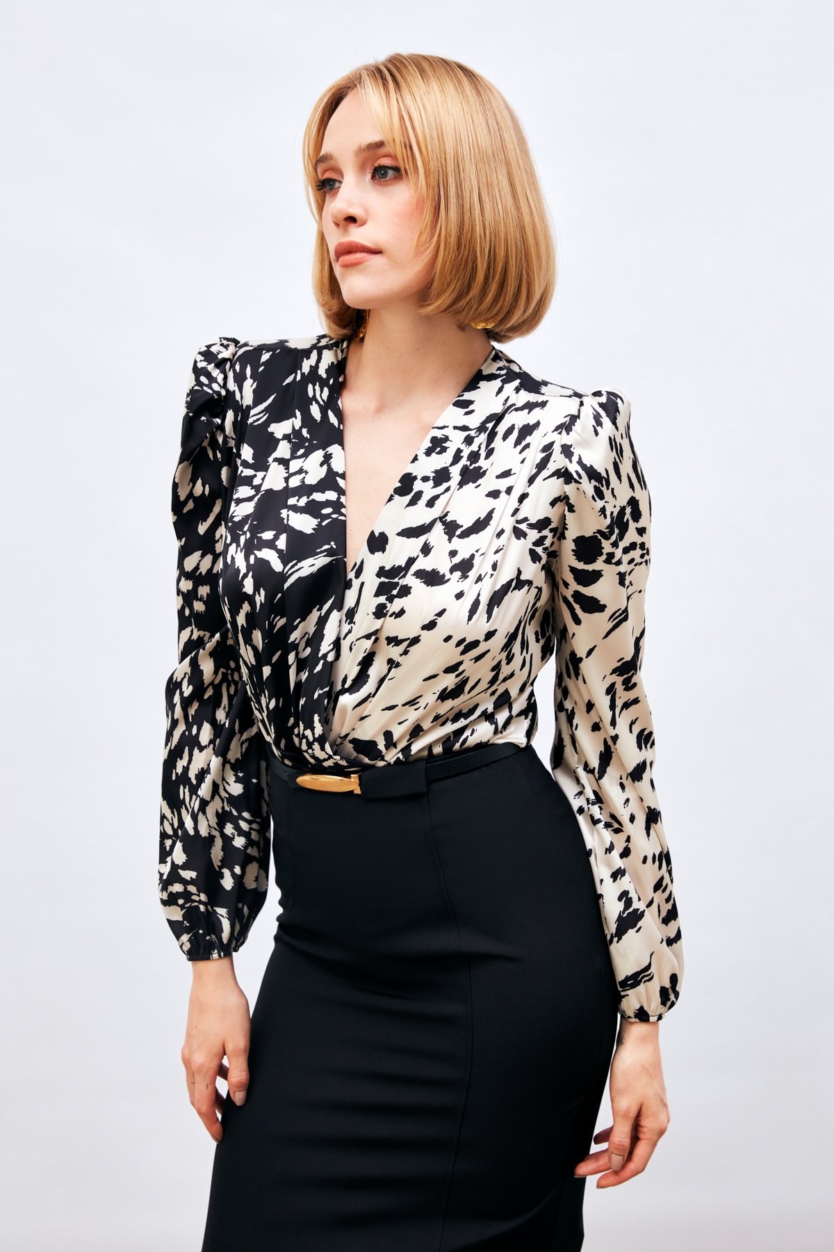 Desenli Kruvaze Bodysuit Bluz - SİYAH