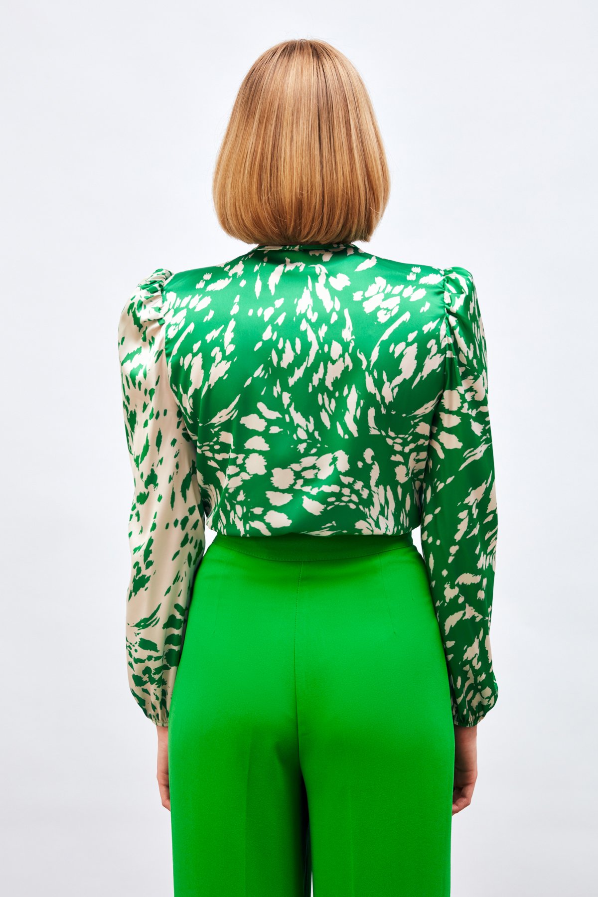 Desenli Kruvaze Bodysuit Bluz - YEŞİL