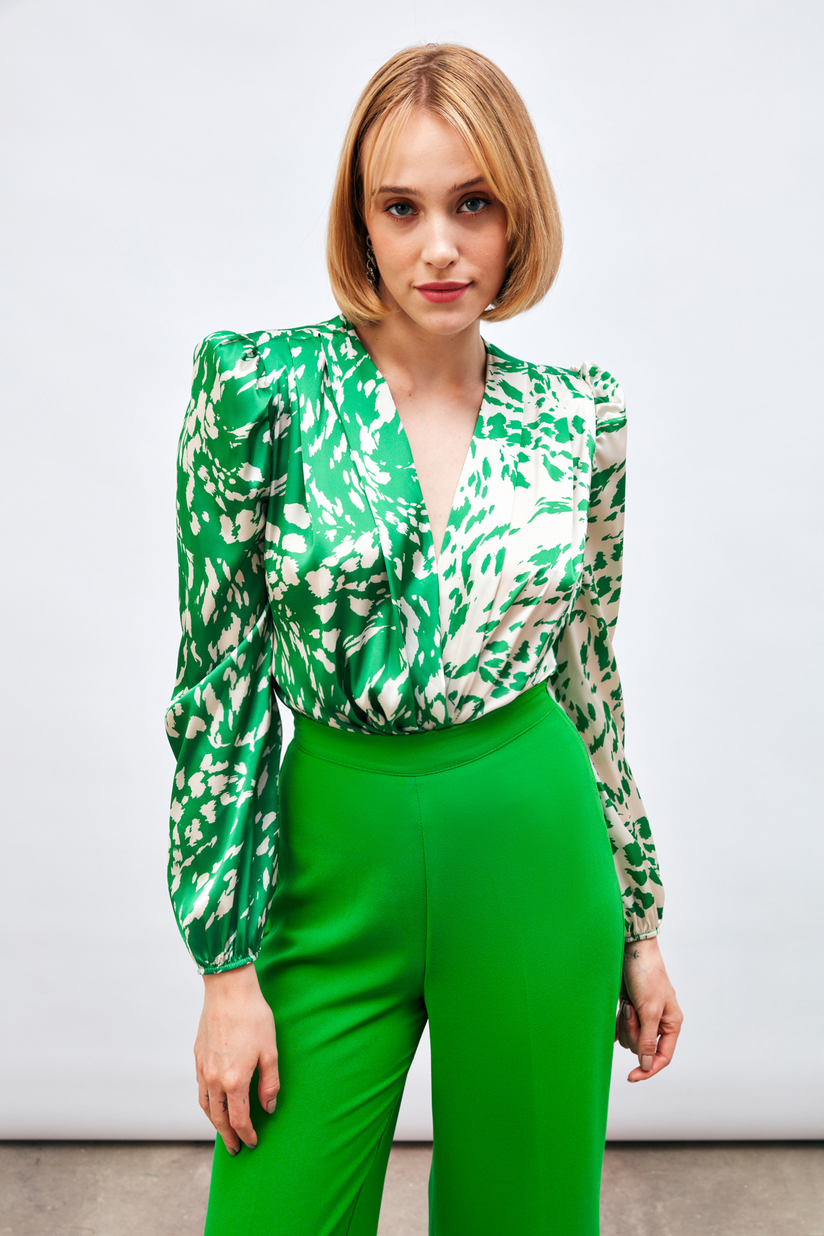 Desenli Kruvaze Bodysuit Bluz - YEŞİL