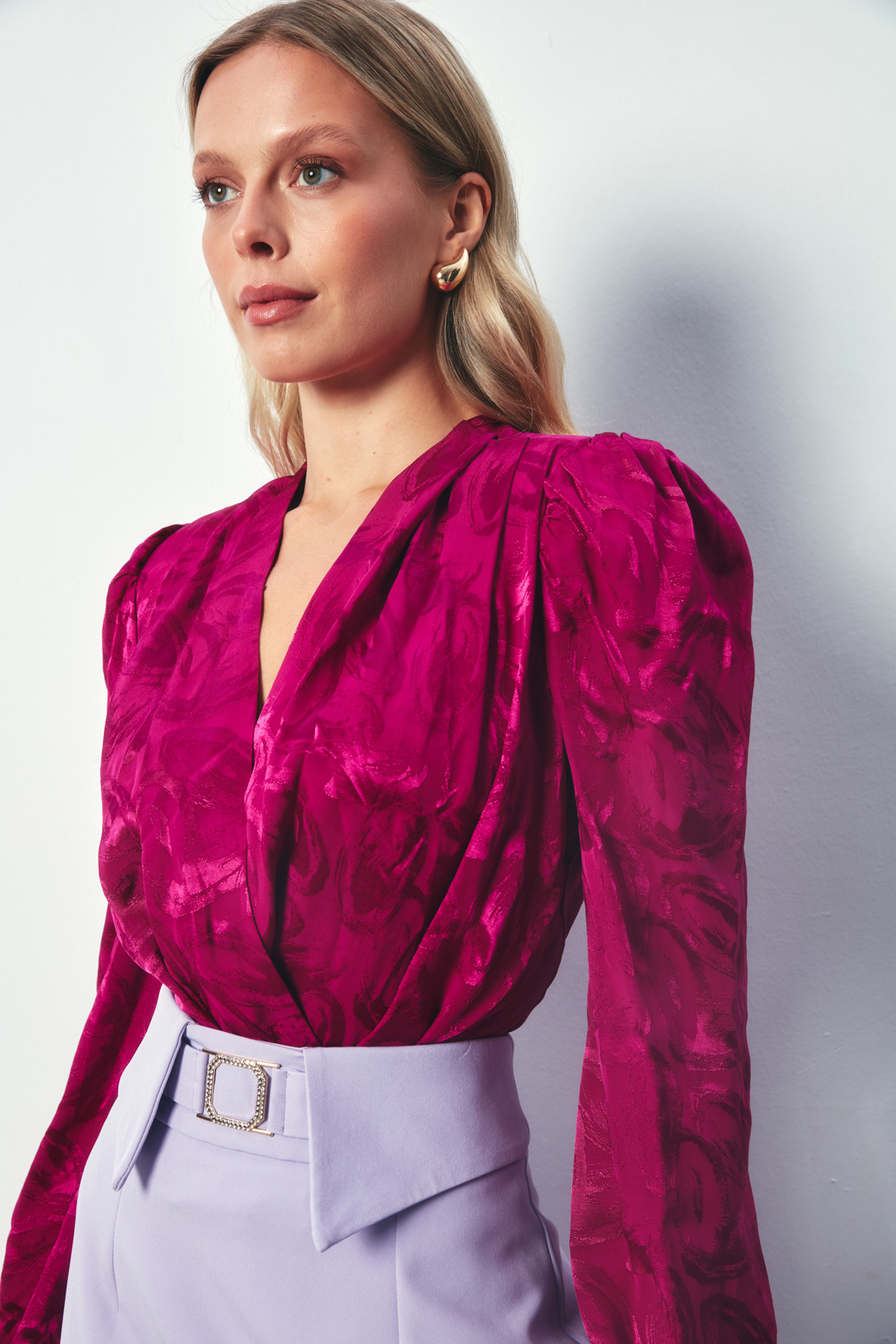 Desenli Kruvaze Bodysuit - FUŞYA