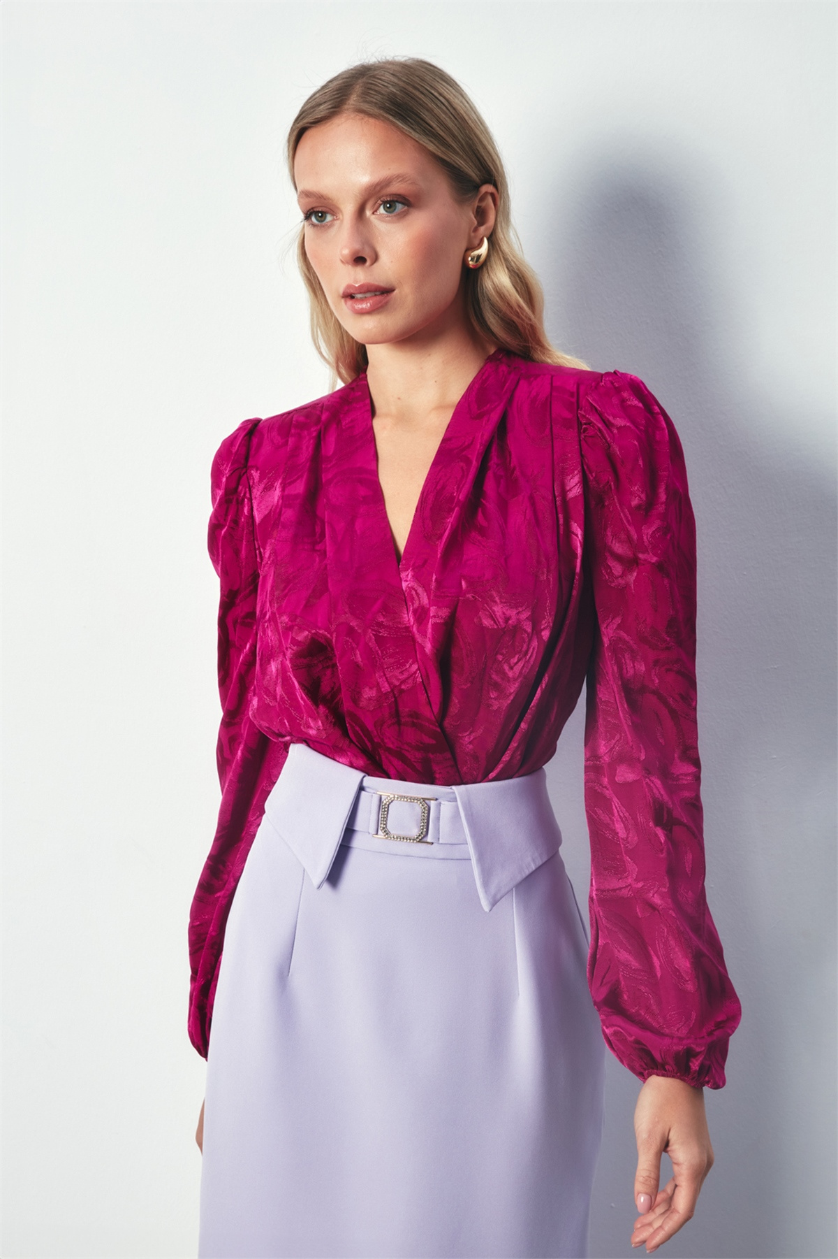 Desenli Kruvaze Bodysuit - FUŞYA