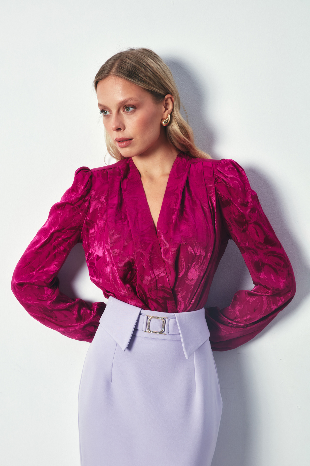 Desenli Kruvaze Bodysuit - FUŞYA