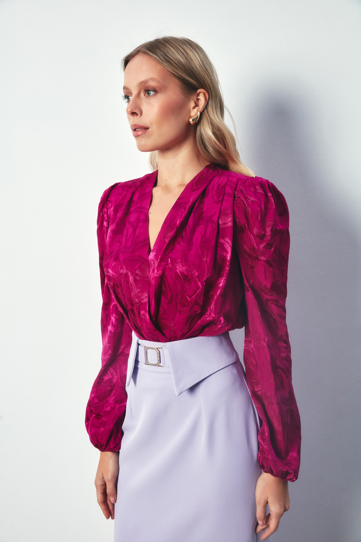 Desenli Kruvaze Bodysuit - FUŞYA