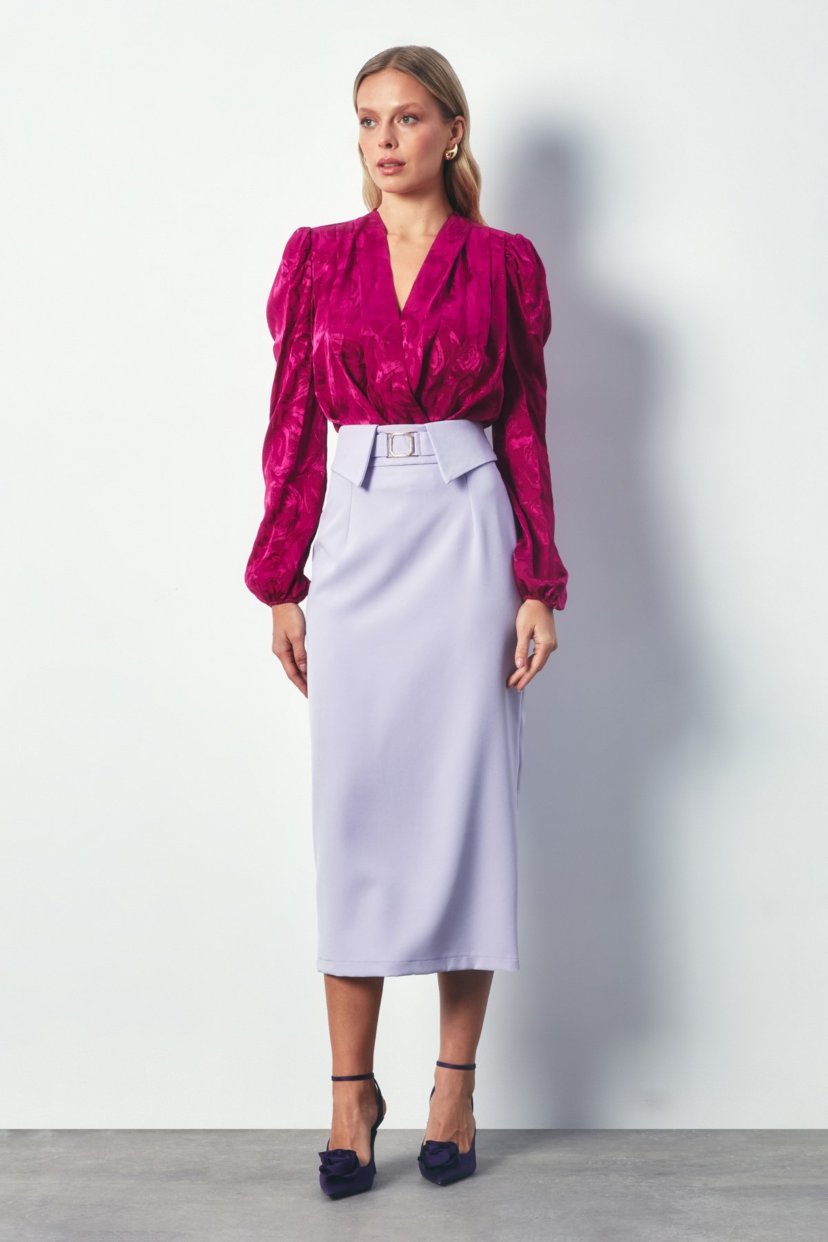 Desenli Kruvaze Bodysuit - FUŞYA