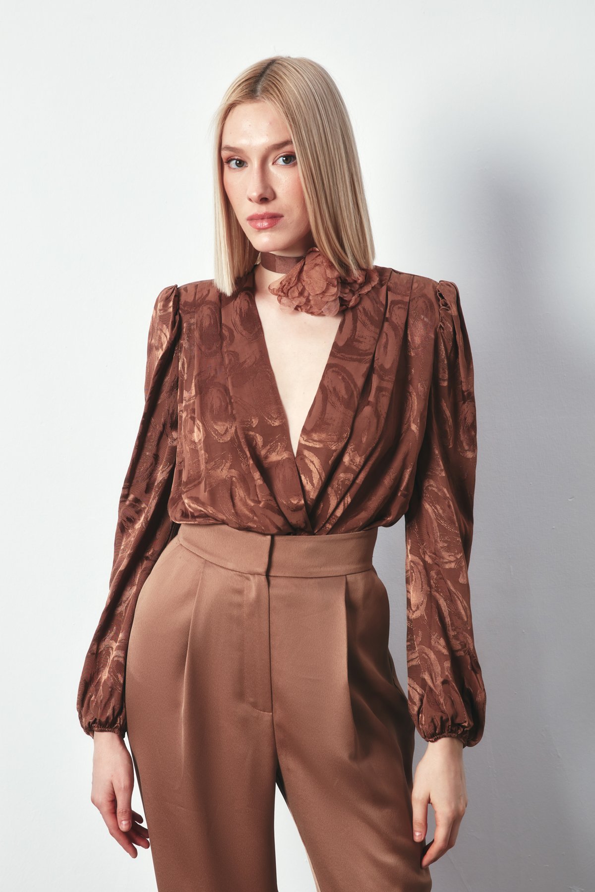 Desenli Kruvaze Bodysuit - KAHVE