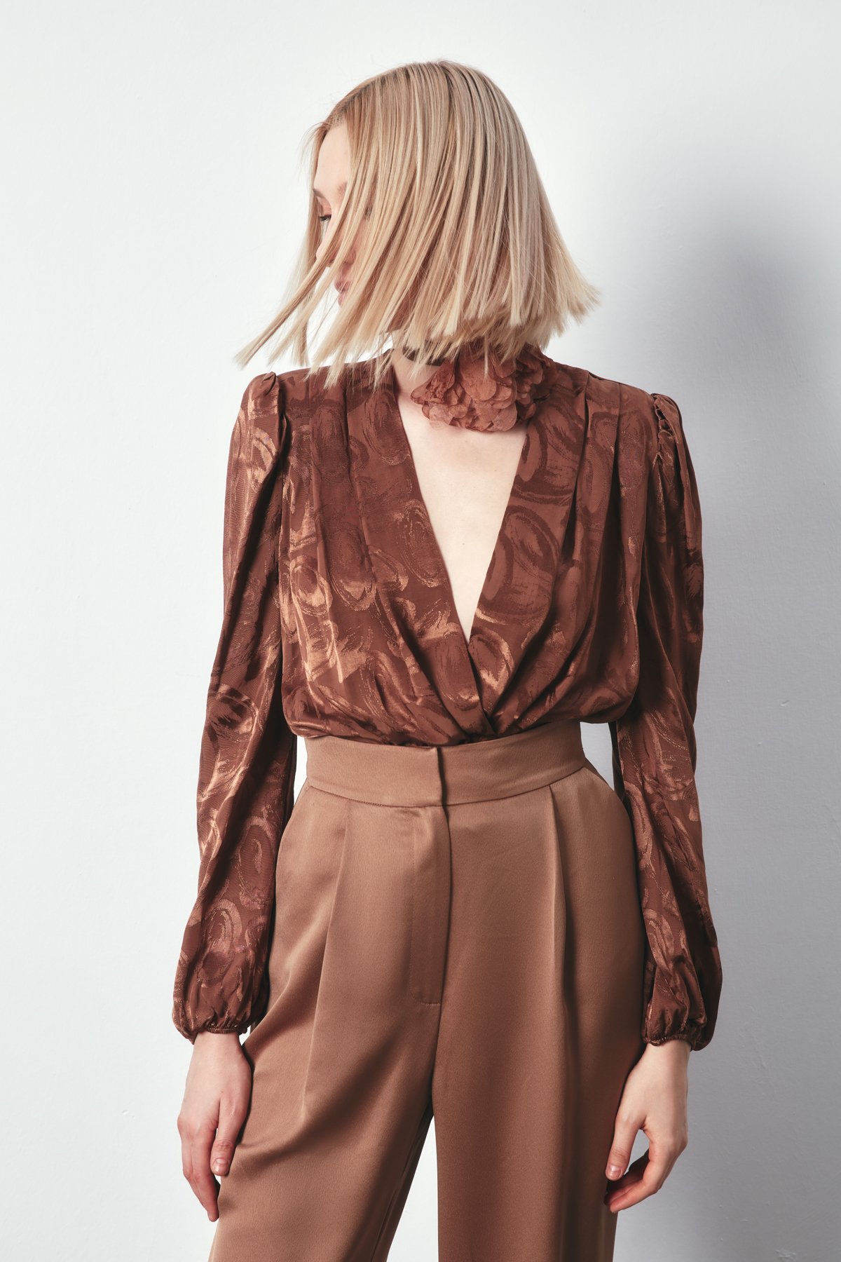 Desenli Kruvaze Bodysuit - KAHVE