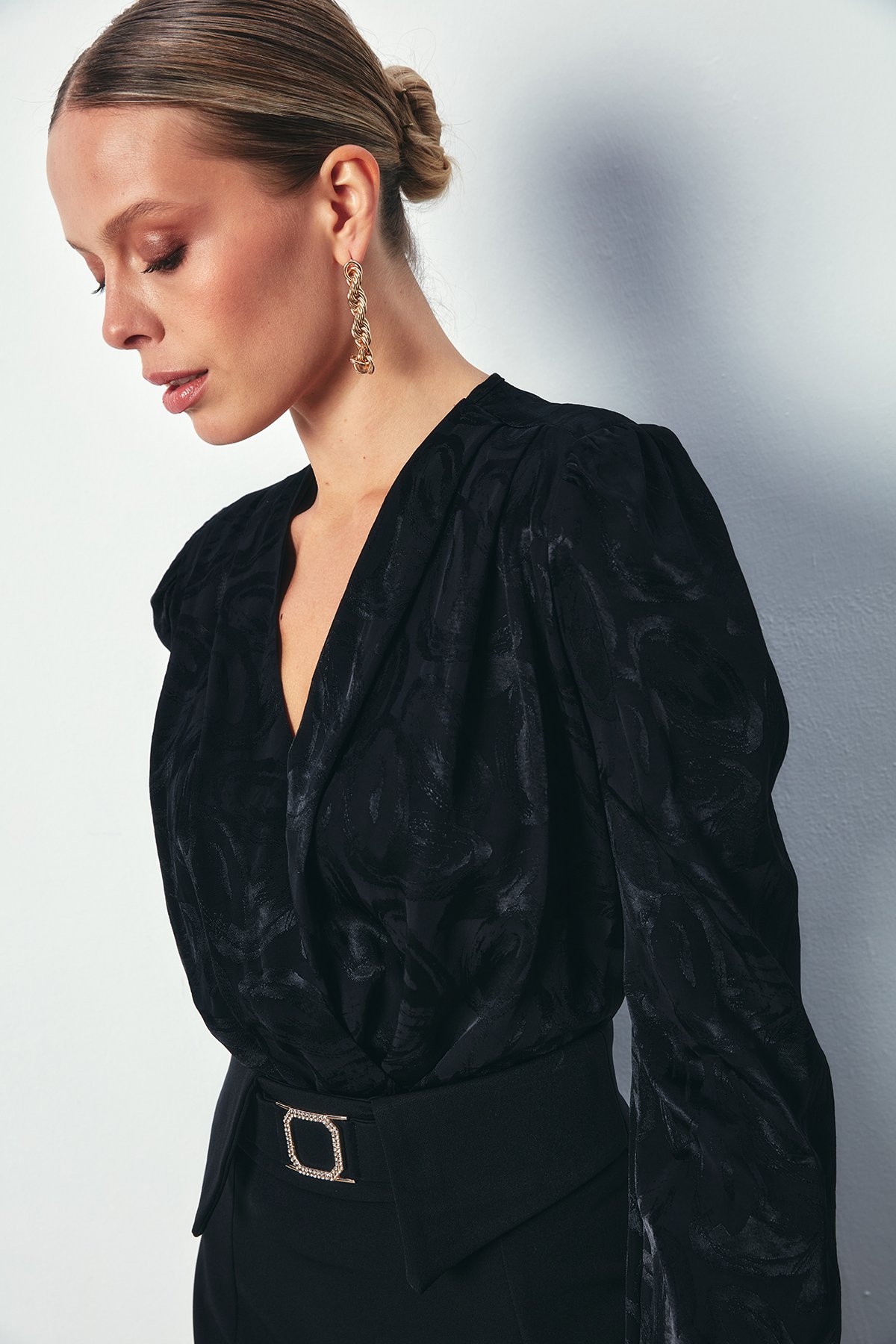 Desenli Kruvaze Bodysuit - SİYAH