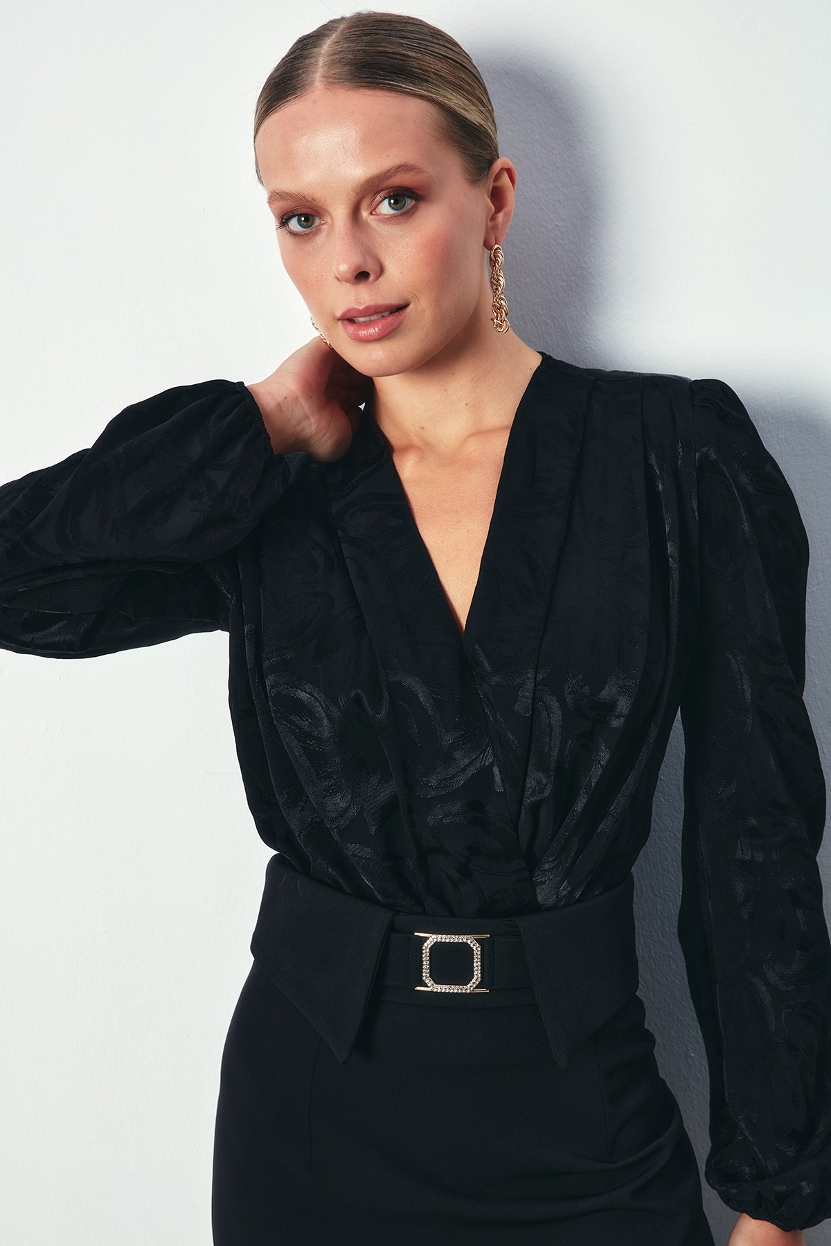 Desenli Kruvaze Bodysuit - SİYAH