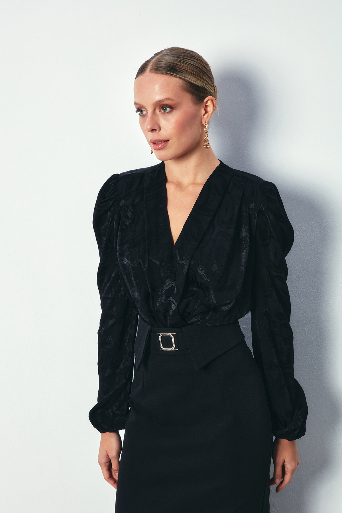 Desenli Kruvaze Bodysuit - SİYAH