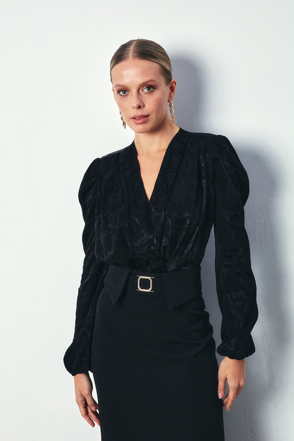 Desenli Kruvaze Bodysuit - SİYAH