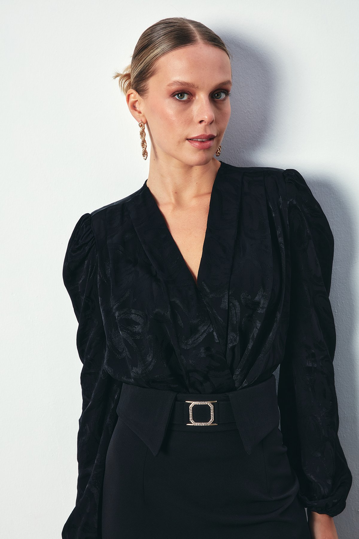 Desenli Kruvaze Bodysuit - SİYAH