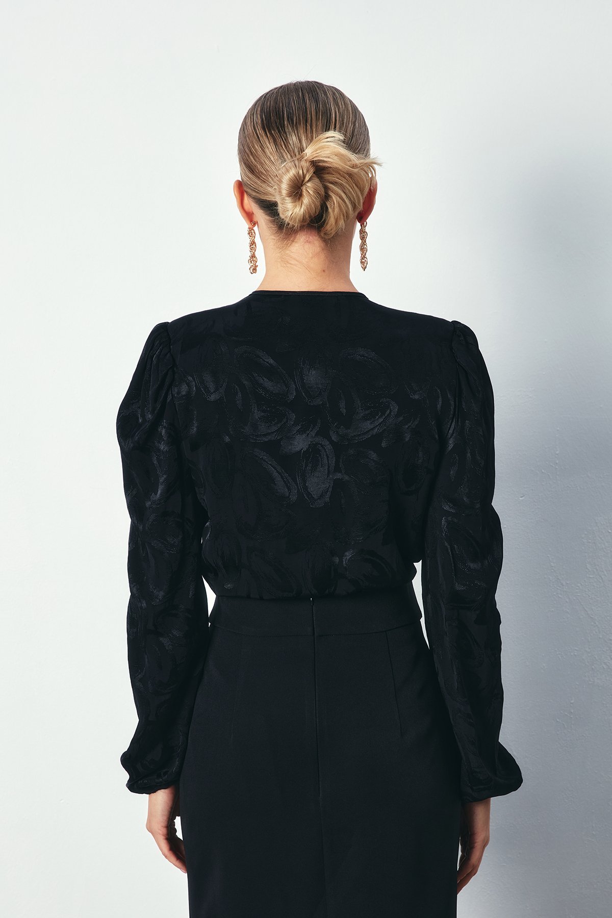 Desenli Kruvaze Bodysuit - SİYAH